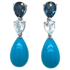 Blue Topaz, London Topaz and Turquoise on Gold 18 Carat Chandelier Earrings
