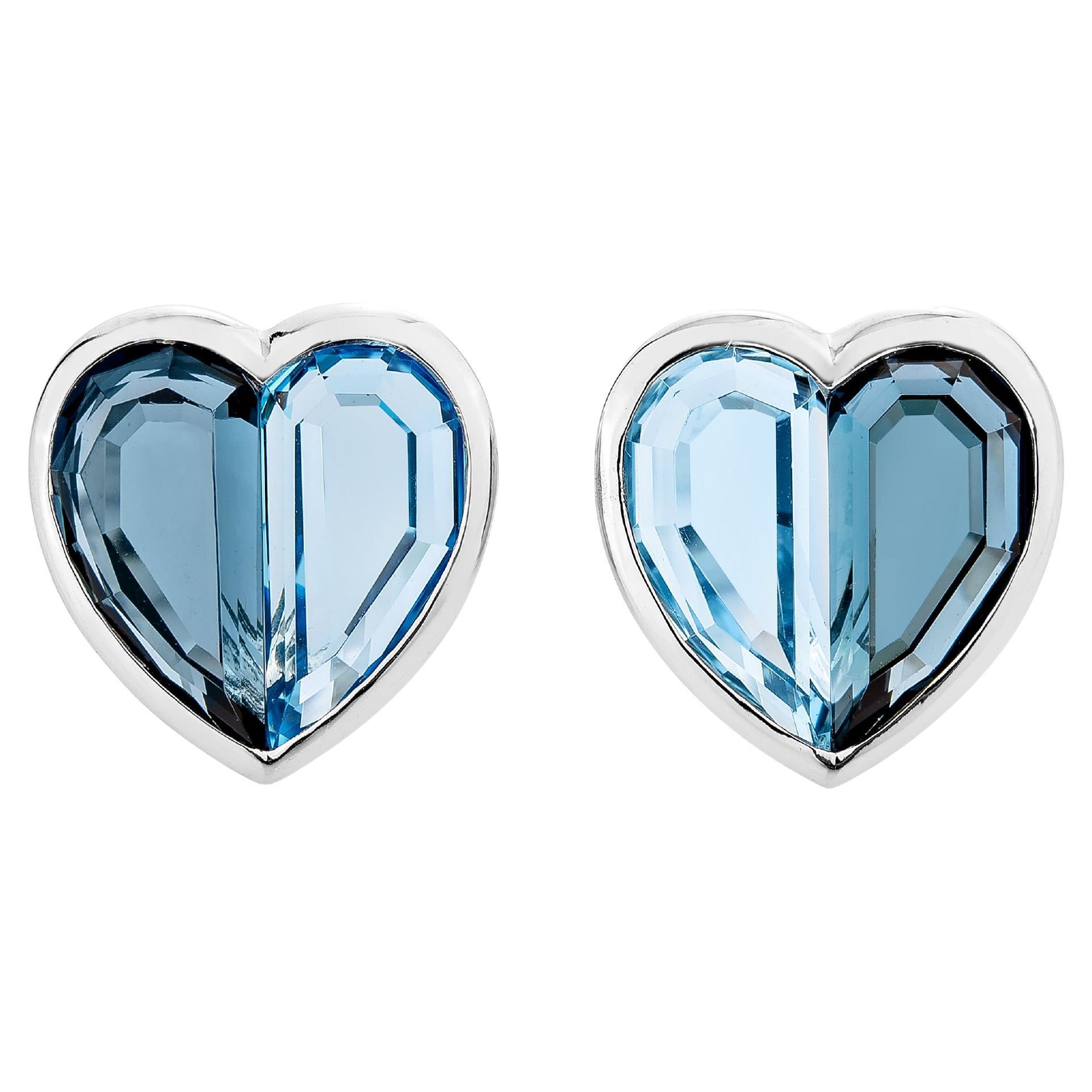 Blue Topaz Love Stud Earring in 18 Karat White Gold For Sale