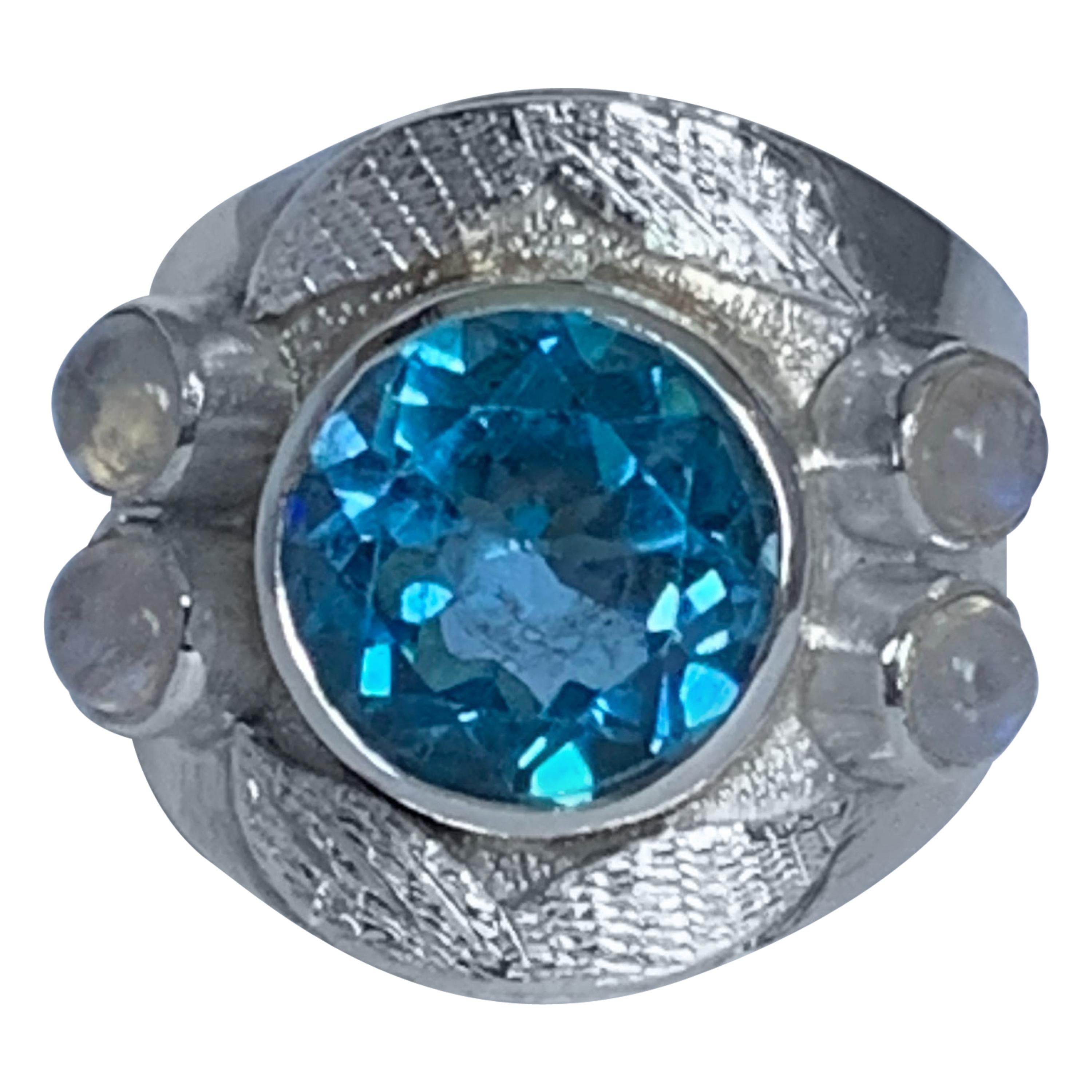Blue Topaz and Moon Stone Ring Set in Sterling Silver For Sale