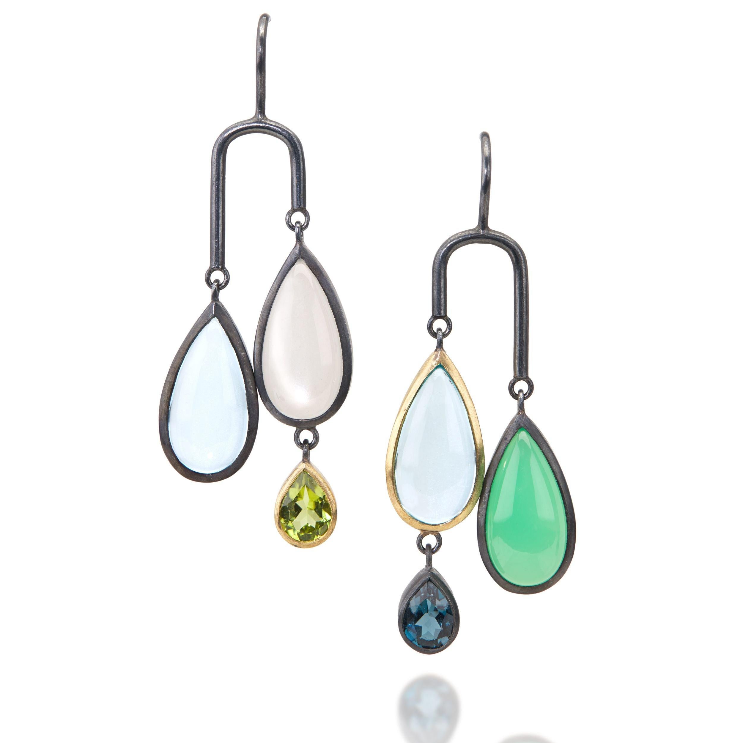 Contemporary Blue Topaz, Moonstone, Peridot & Chrysoprase Sterling and 18 Karat Gold Earrings For Sale