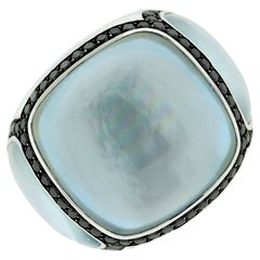 Blue-Topaz Mother-of-Pearl Diamond Gold Dome Ring