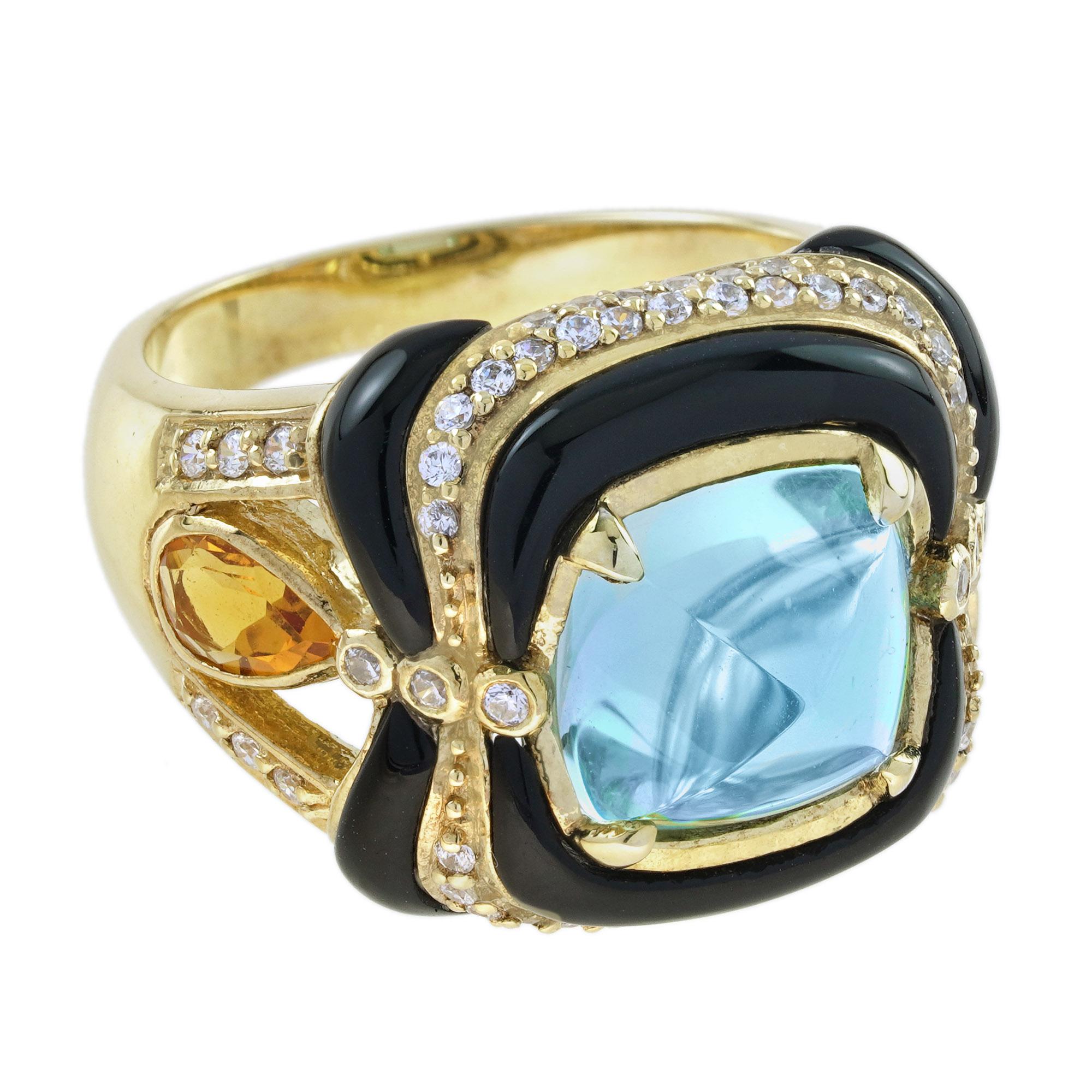 Art déco Bague cocktail de style ancien en or jaune 14 carats avec topaze bleue et plusieurs pierres précieuses