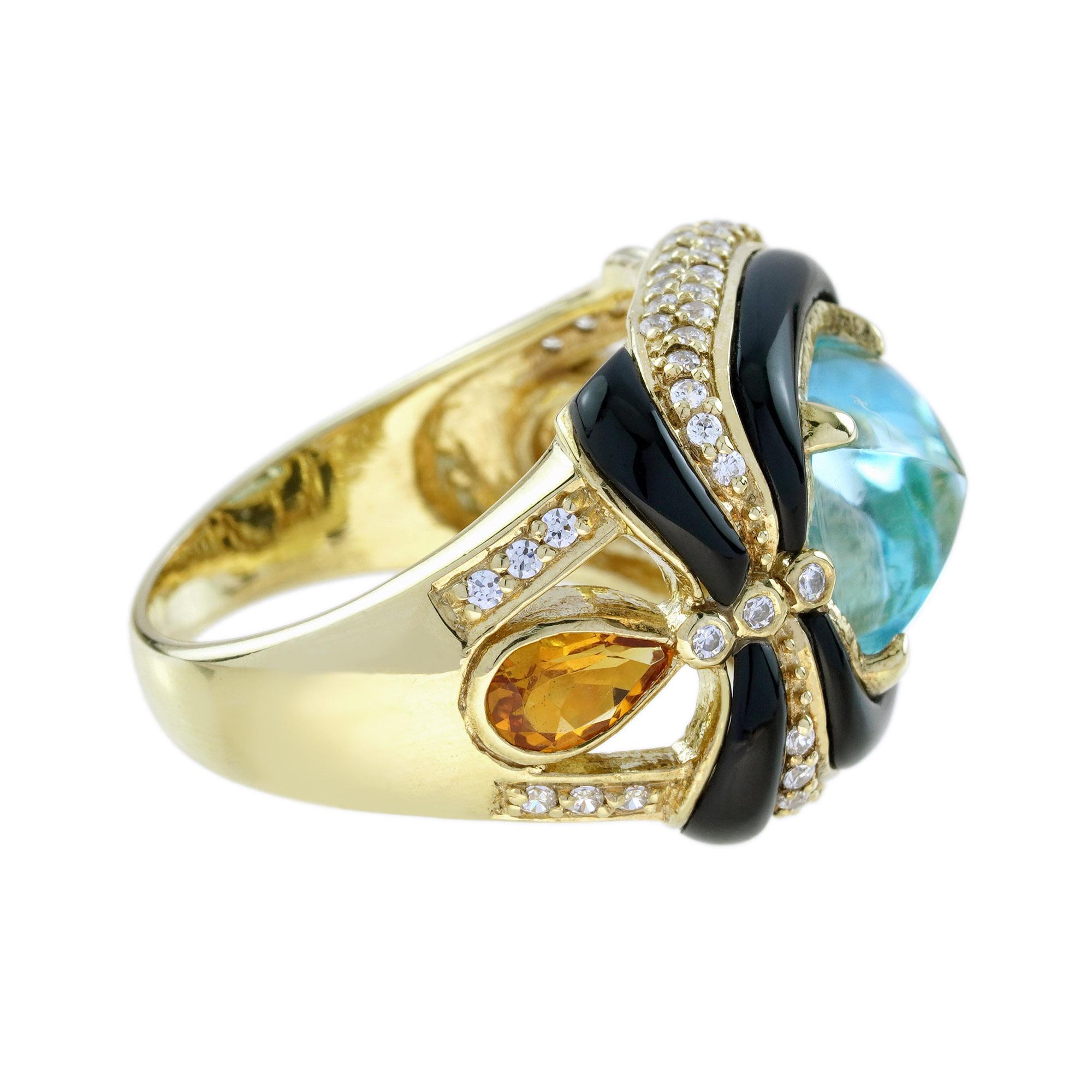 Taille coussin Bague cocktail de style ancien en or jaune 14 carats avec topaze bleue et plusieurs pierres précieuses
