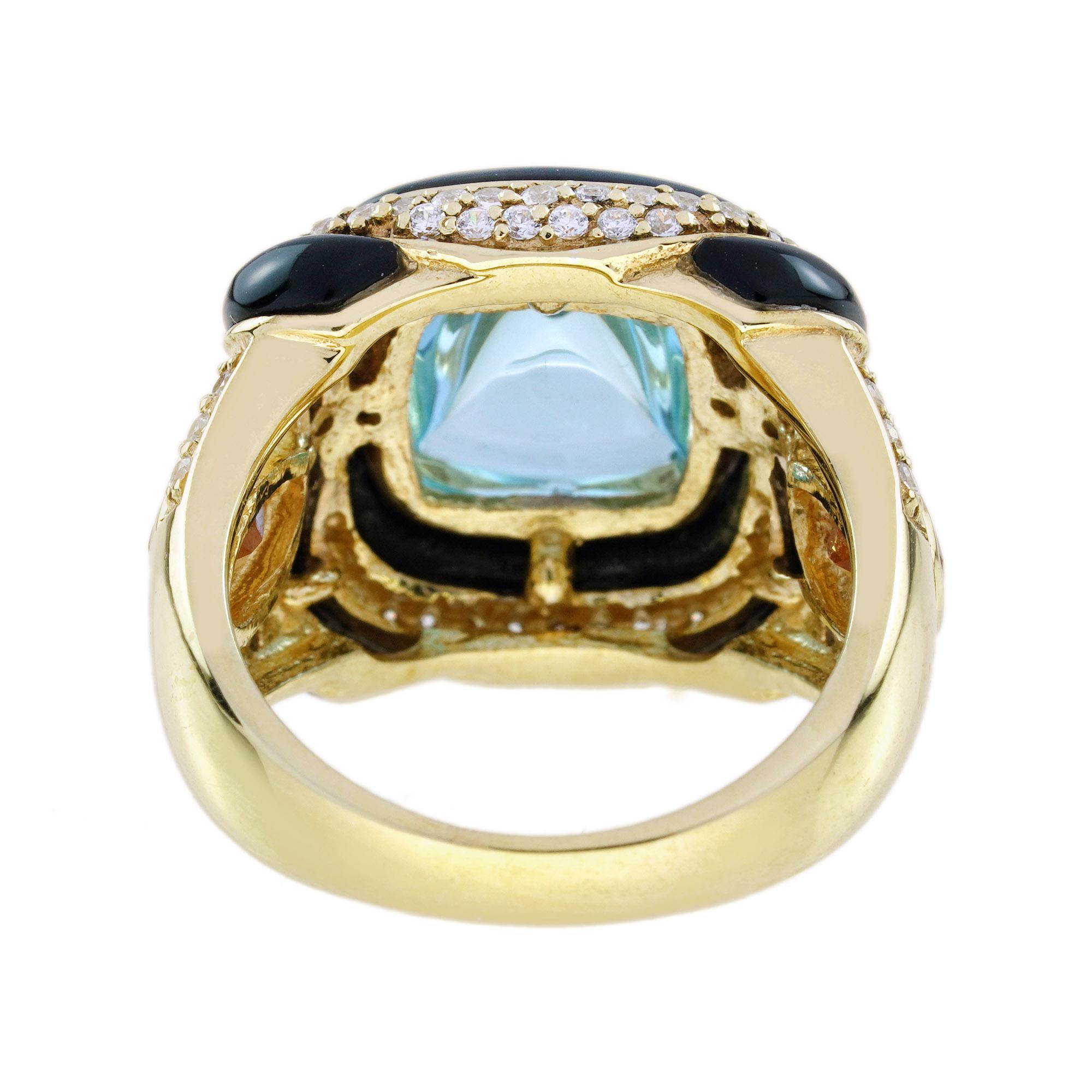 Bague cocktail de style ancien en or jaune 14 carats avec topaze bleue et plusieurs pierres précieuses Neuf à Bangkok, TH