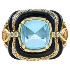 Bague cocktail de style ancien en or jaune 14 carats avec topaze bleue et plusieurs pierres précieuses