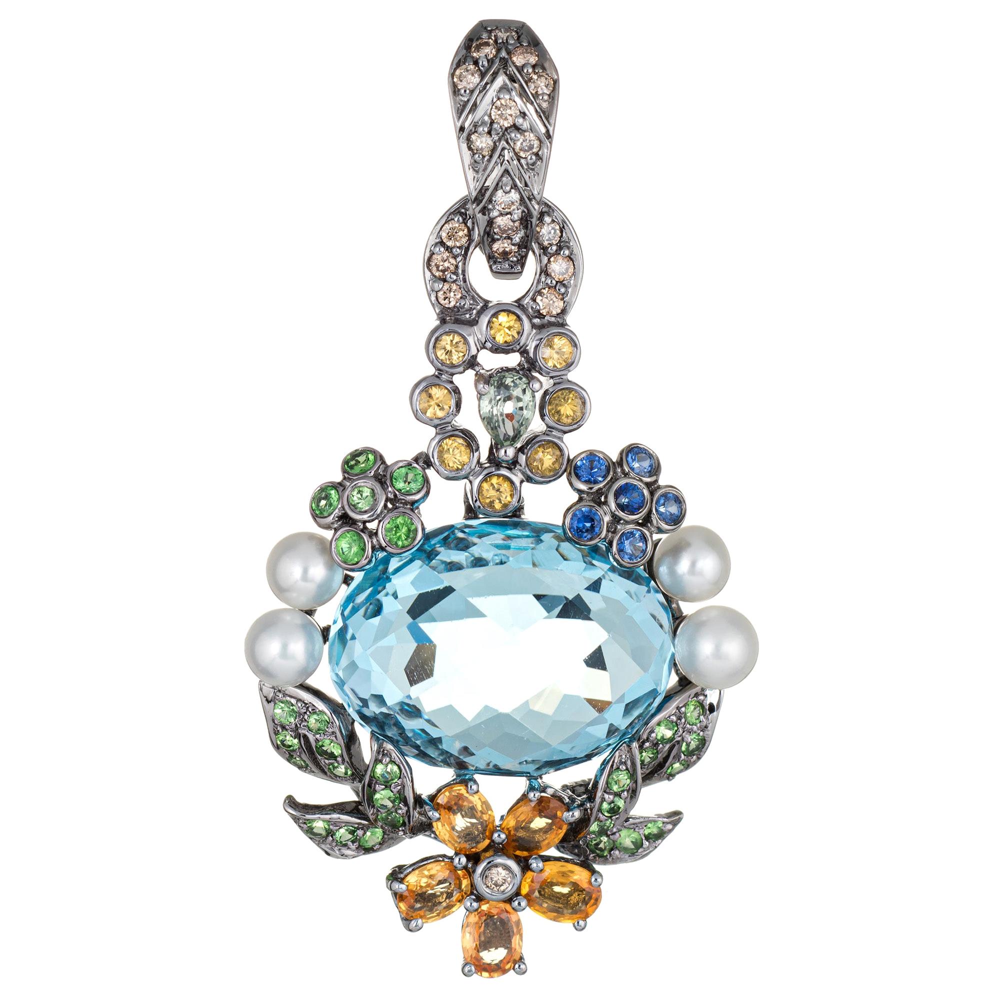 Blue Topaz Multi Gemstone Pendant Enhancer 18 Karat Gold Flower Leaves Jewelry