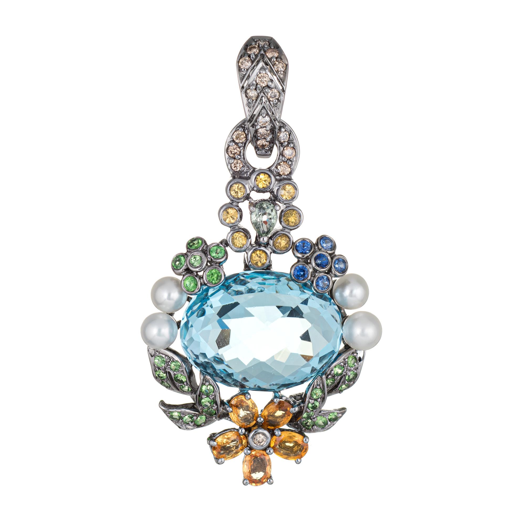 Modern Blue Topaz Multi Gemstone Pendant Enhancer 18 Karat Gold Flower Leaves Jewelry