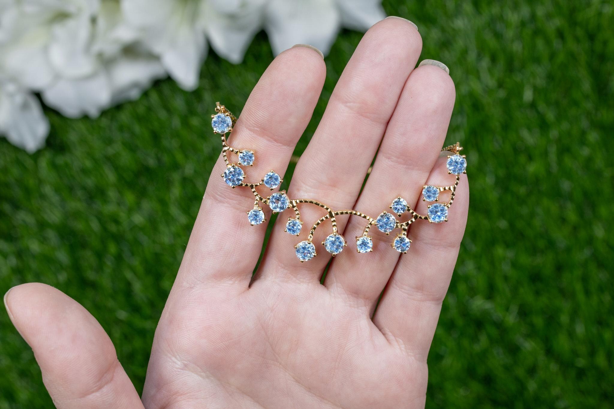 Women's Blue Topaz Necklace 7.35 Carats 18K Yellow Gold Plated Sterling Silver For Sale