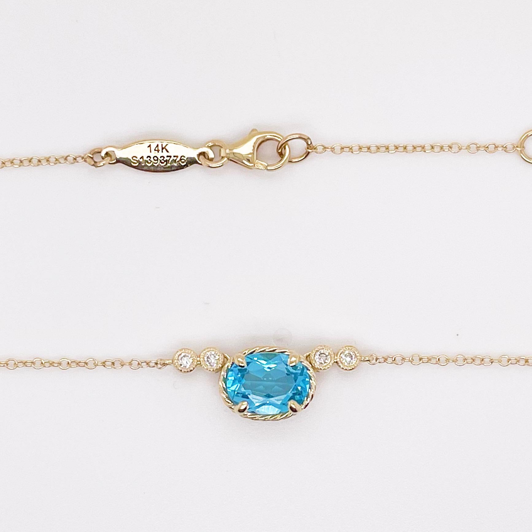 This stunning Swiss blue topaz necklace will lay delicately on any neckline. With this beautiful design you can wear it alone or layer with a paperclip necklace or if you really want to give it some more sparkle a diamond solitaire. 
The details for