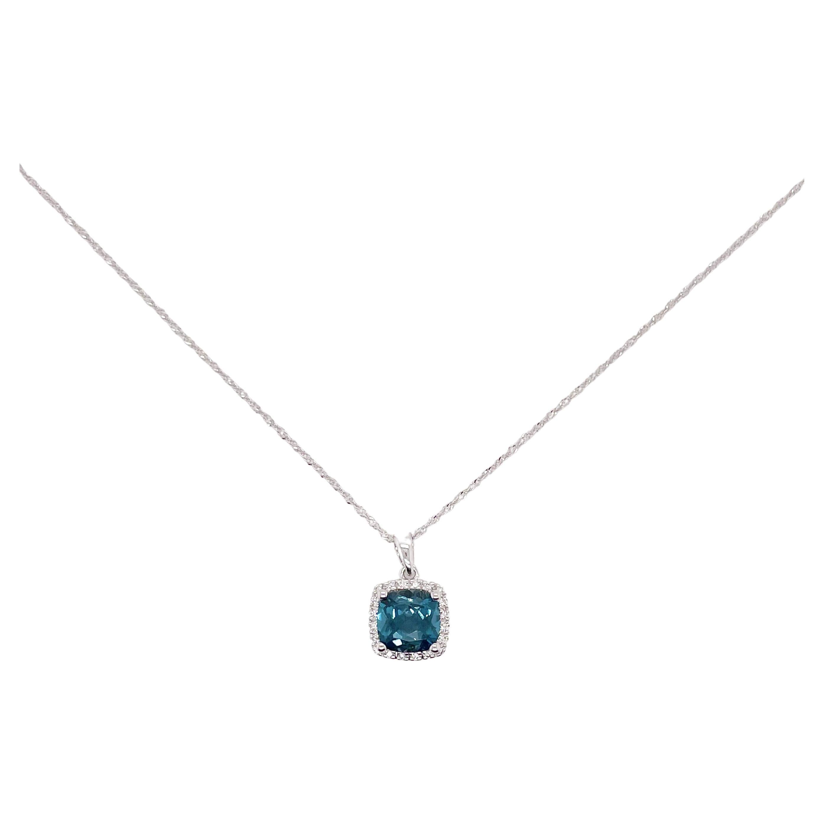 Blue Topaz Necklace w Diamond Halo in 14K White Gold Midnight Blue Topaz Gems