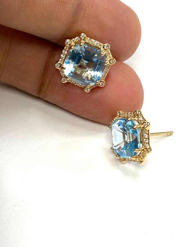 Achteckiger blauer Topas vonshwara mit Ohrsteckern und Diamantohrringen (Zeitgenössisch)