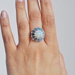 Blue Topaz Ombre Gradient Ethiopian Opal Diamond Cocktail White Gold Ring