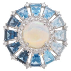 Blue Topaz Ombre Gradient Ethiopian Opal Diamond Cocktail White Gold Ring