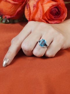 Blue Topaz Onyx Diamond Art Deco Style Ring in 14K White Gold