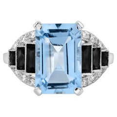 Blue Topaz Onyx Diamond Art Deco Style Ring in 14K White Gold