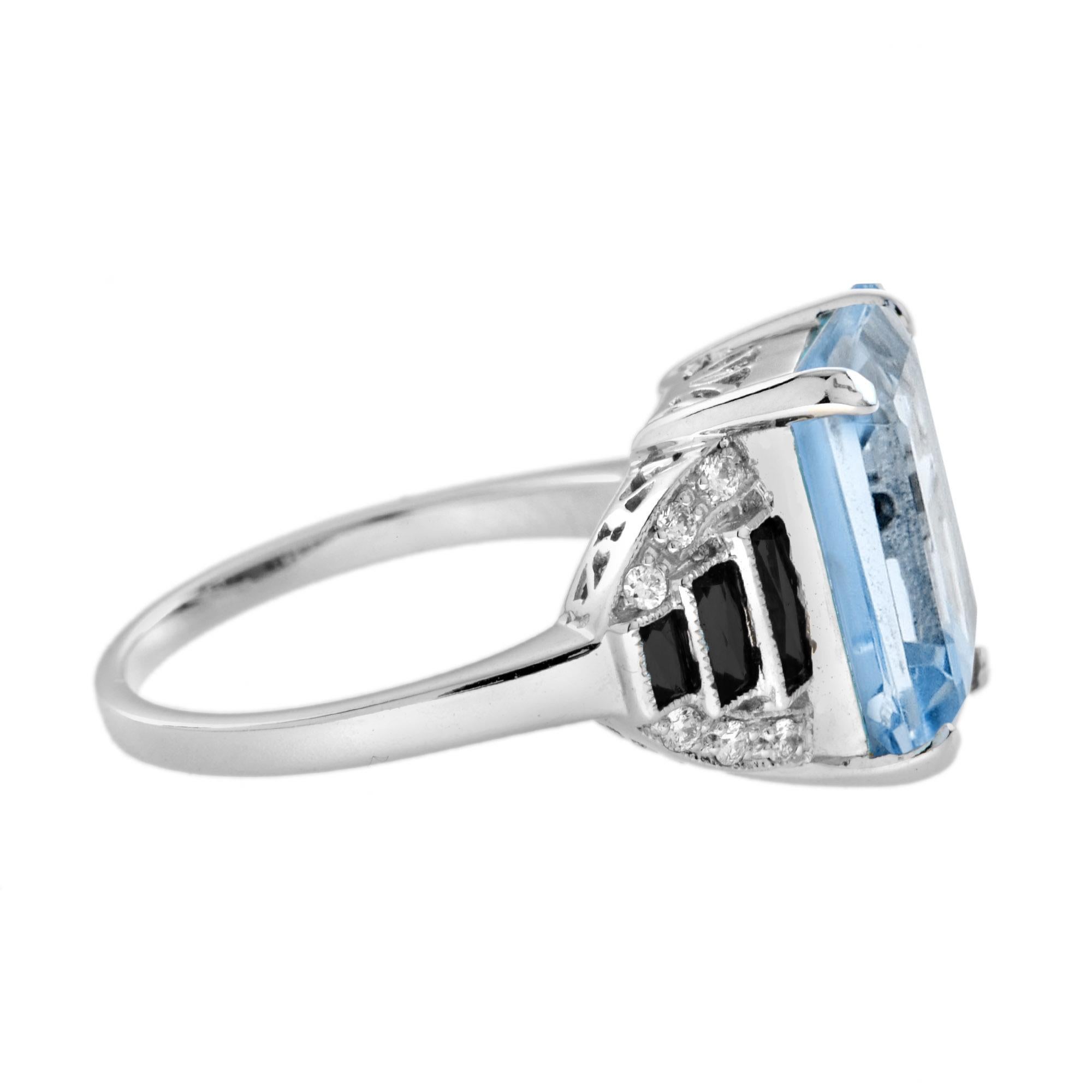 Blue Topaz Onyx Diamond Art Deco Style Step Shoulder Ring in 14K White Gold In New Condition For Sale In Bangkok, TH