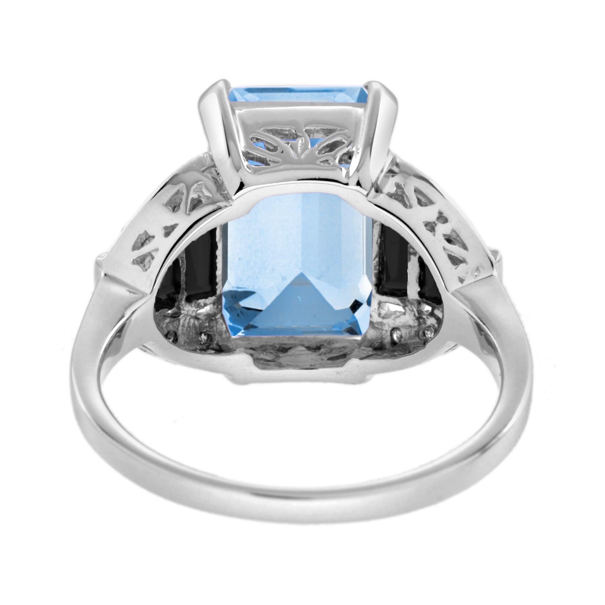 Women's Blue Topaz Onyx Diamond Art Deco Style Step Shoulder Ring in 14K White Gold For Sale