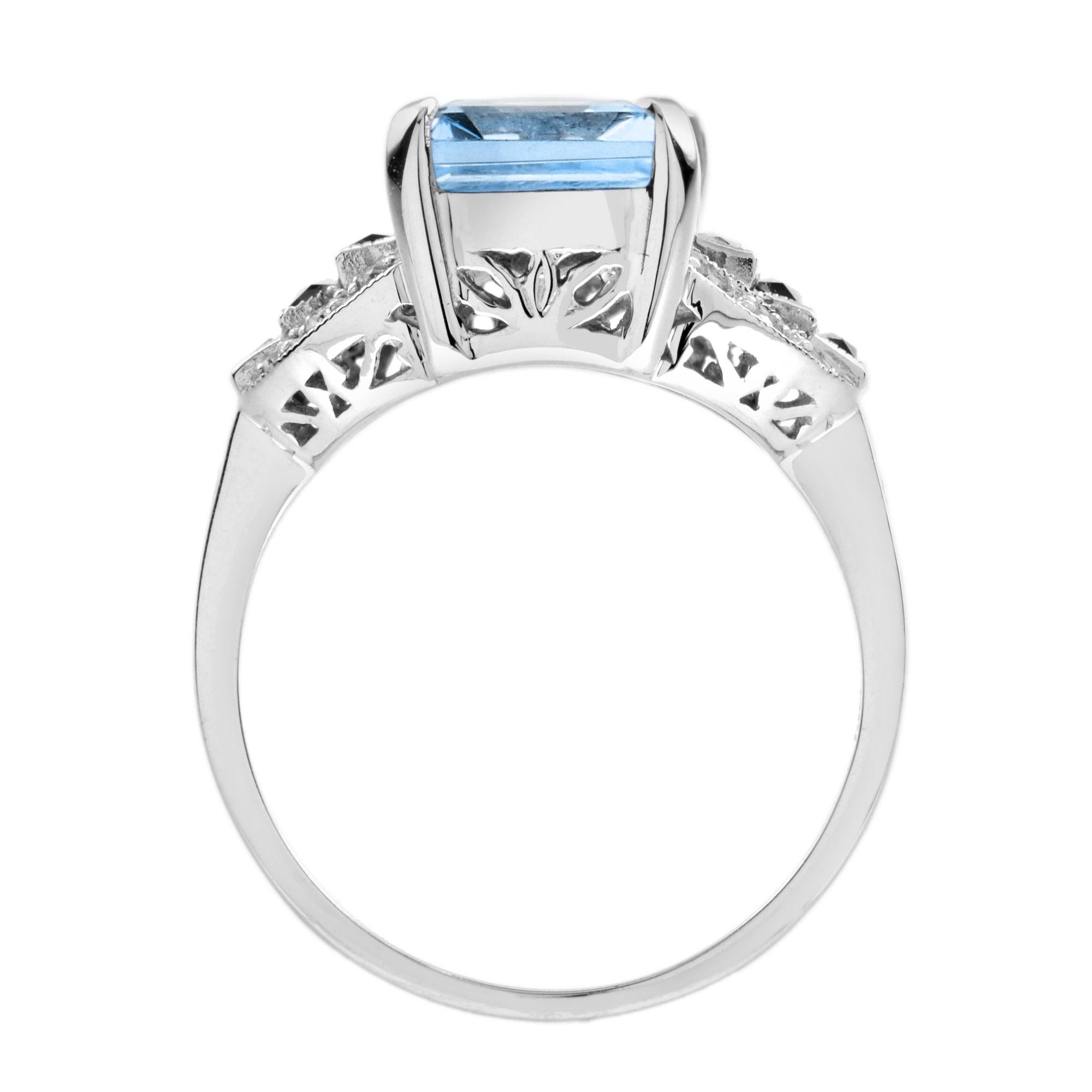 Blue Topaz Onyx Diamond Art Deco Style Step Shoulder Ring in 14K White Gold For Sale 1