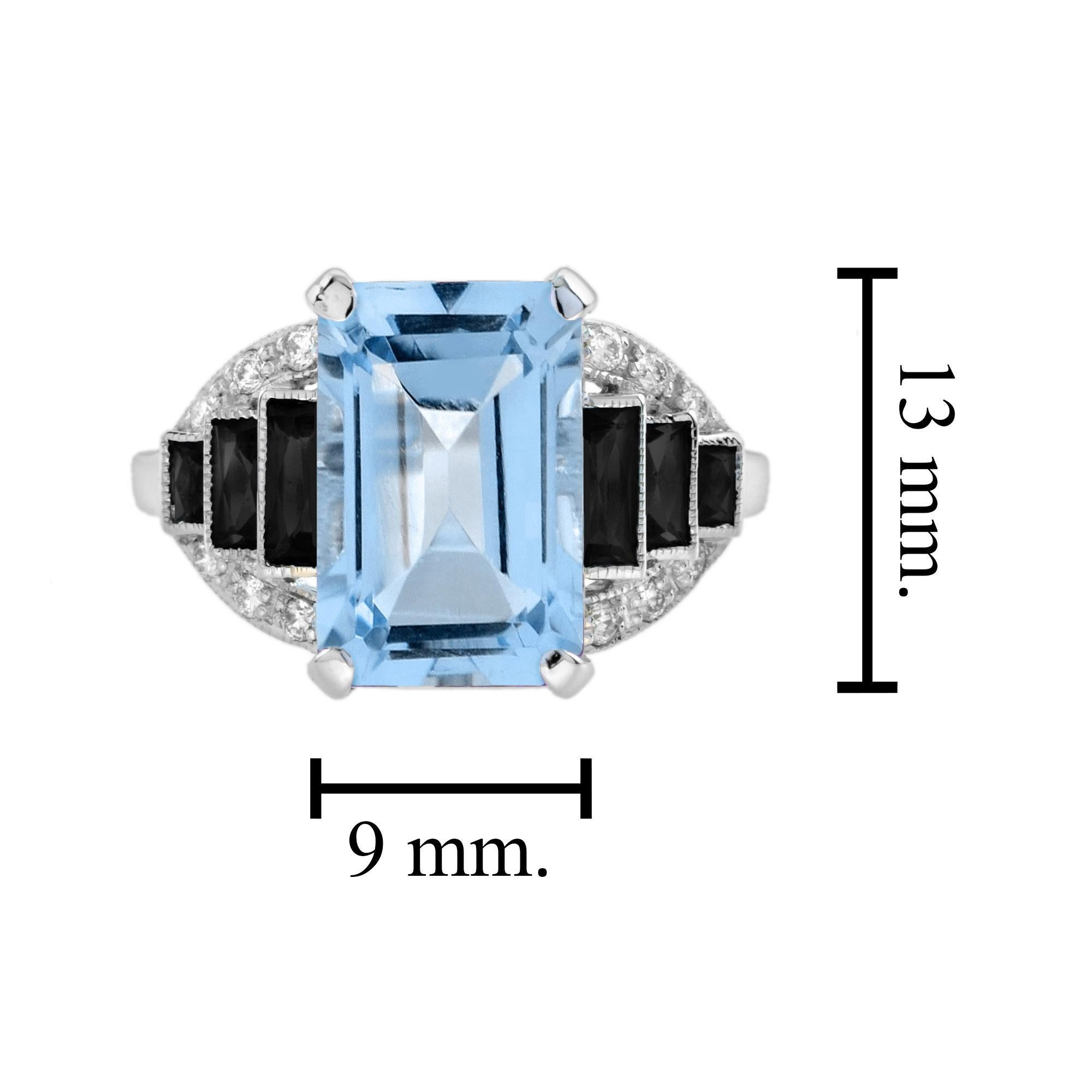 Blue Topaz Onyx Diamond Art Deco Style Step Shoulder Ring in 14K White Gold For Sale 2
