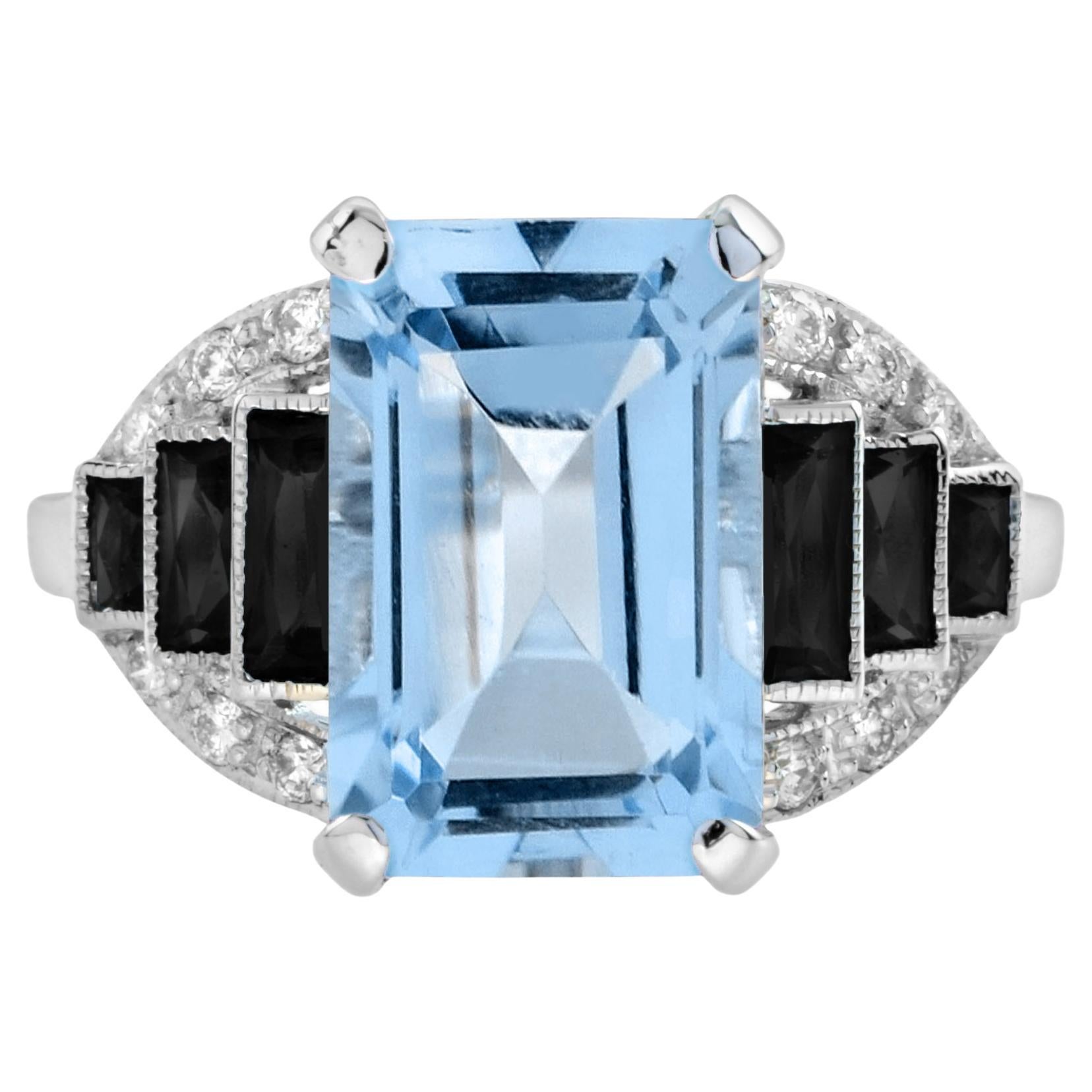 Blue Topaz Onyx Diamond Art Deco Style Step Shoulder Ring in 14K White Gold