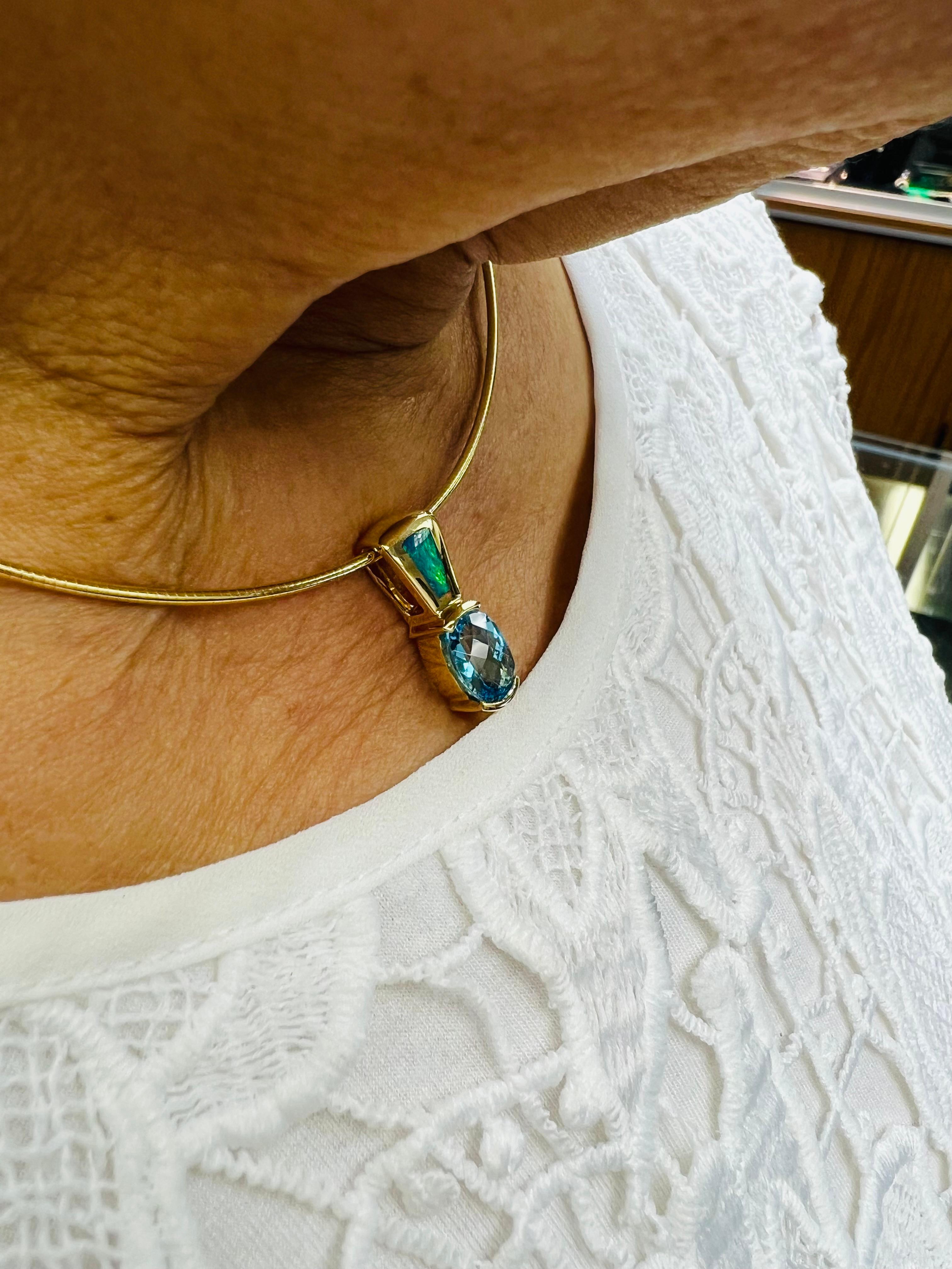Mixed Cut Blue Topaz Opal Yellow Gold Slide Pendant Necklace For Sale