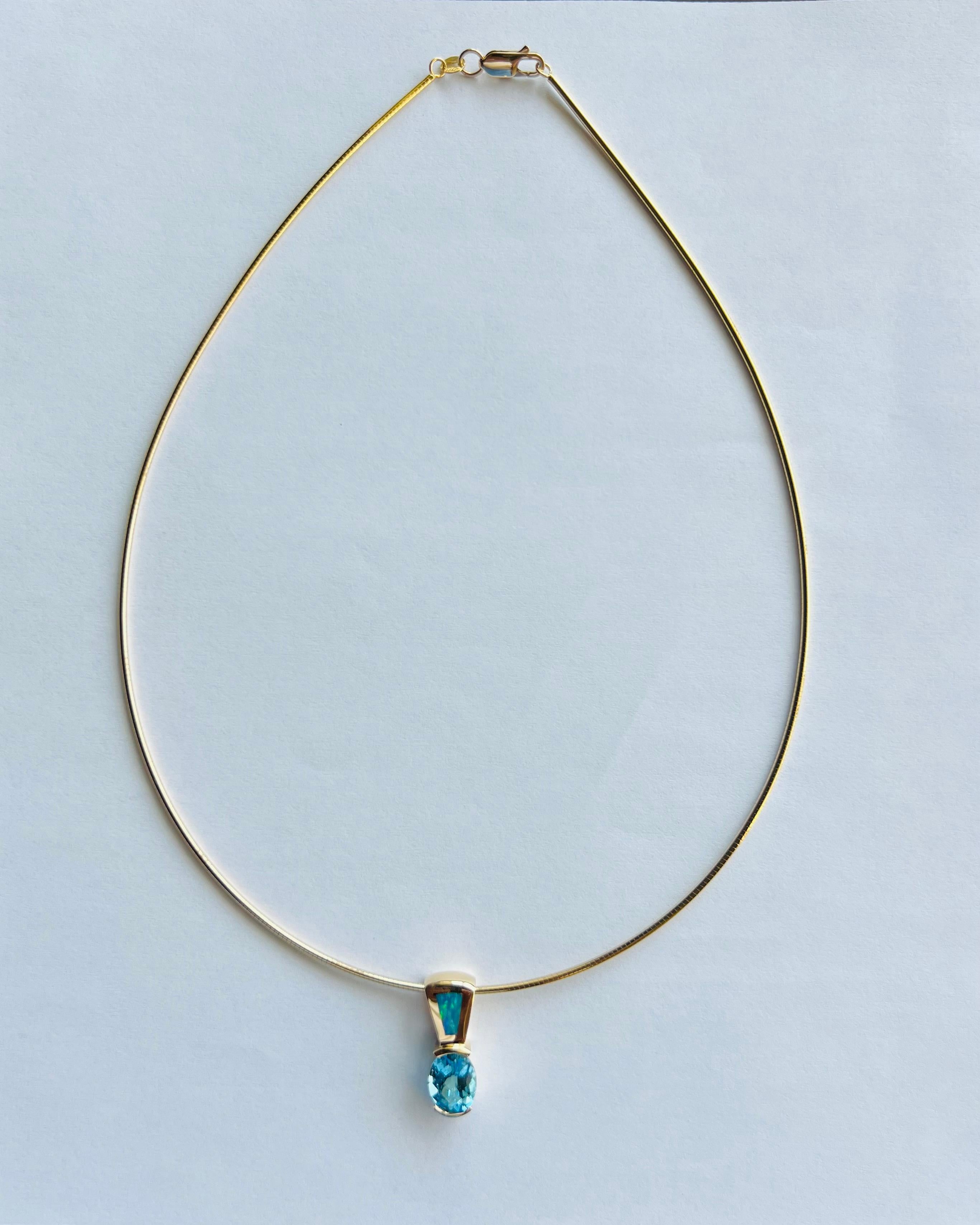 Women's or Men's Blue Topaz Opal Yellow Gold Slide Pendant Necklace For Sale