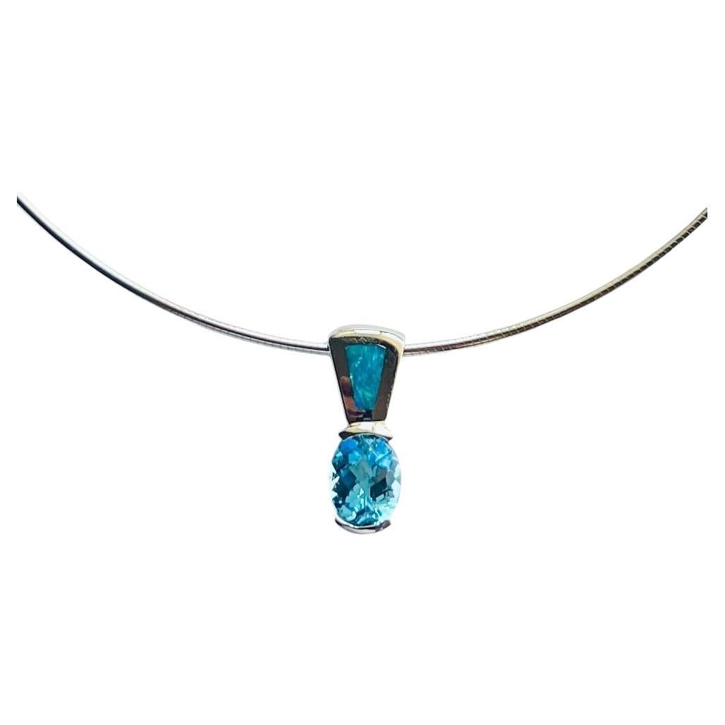 Blue Topaz Opal Yellow Gold Slide Pendant Necklace For Sale