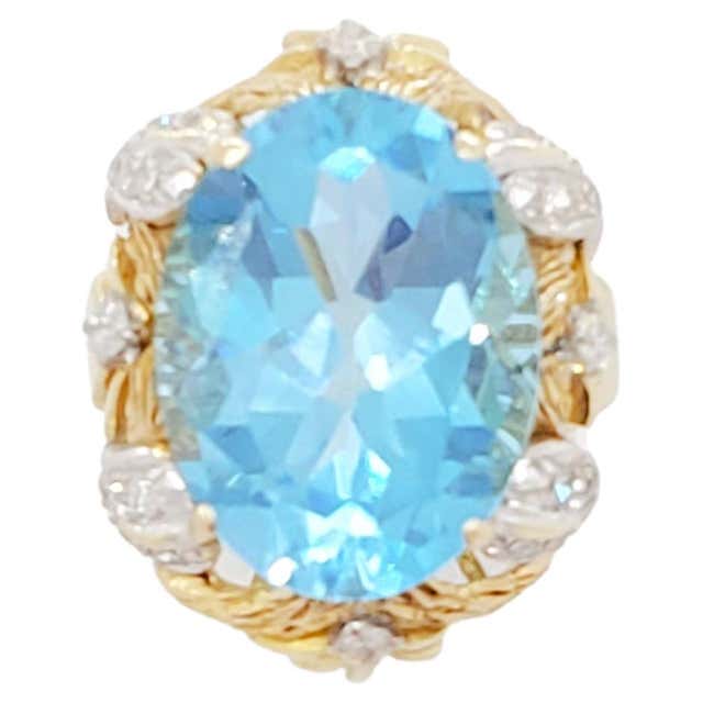 Blue Topaz and Diamond Halo Ring, Oval Blue Topaz, White Gold and ...