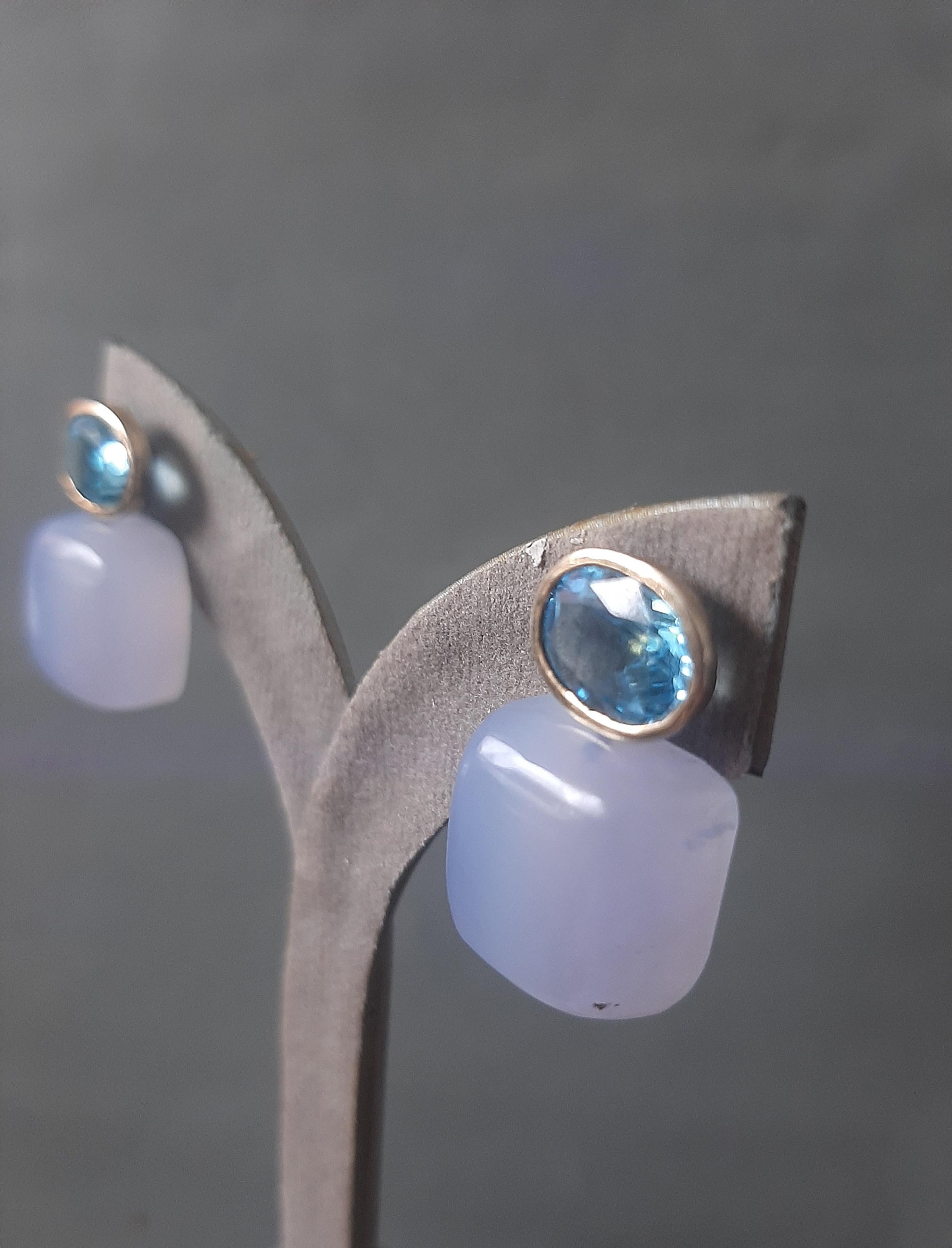 Blauer Topas Oval Facettiert 14k Solid Gold Chalcedon Kissen Form Ohrstecker (Kunsthandwerker*in) im Angebot