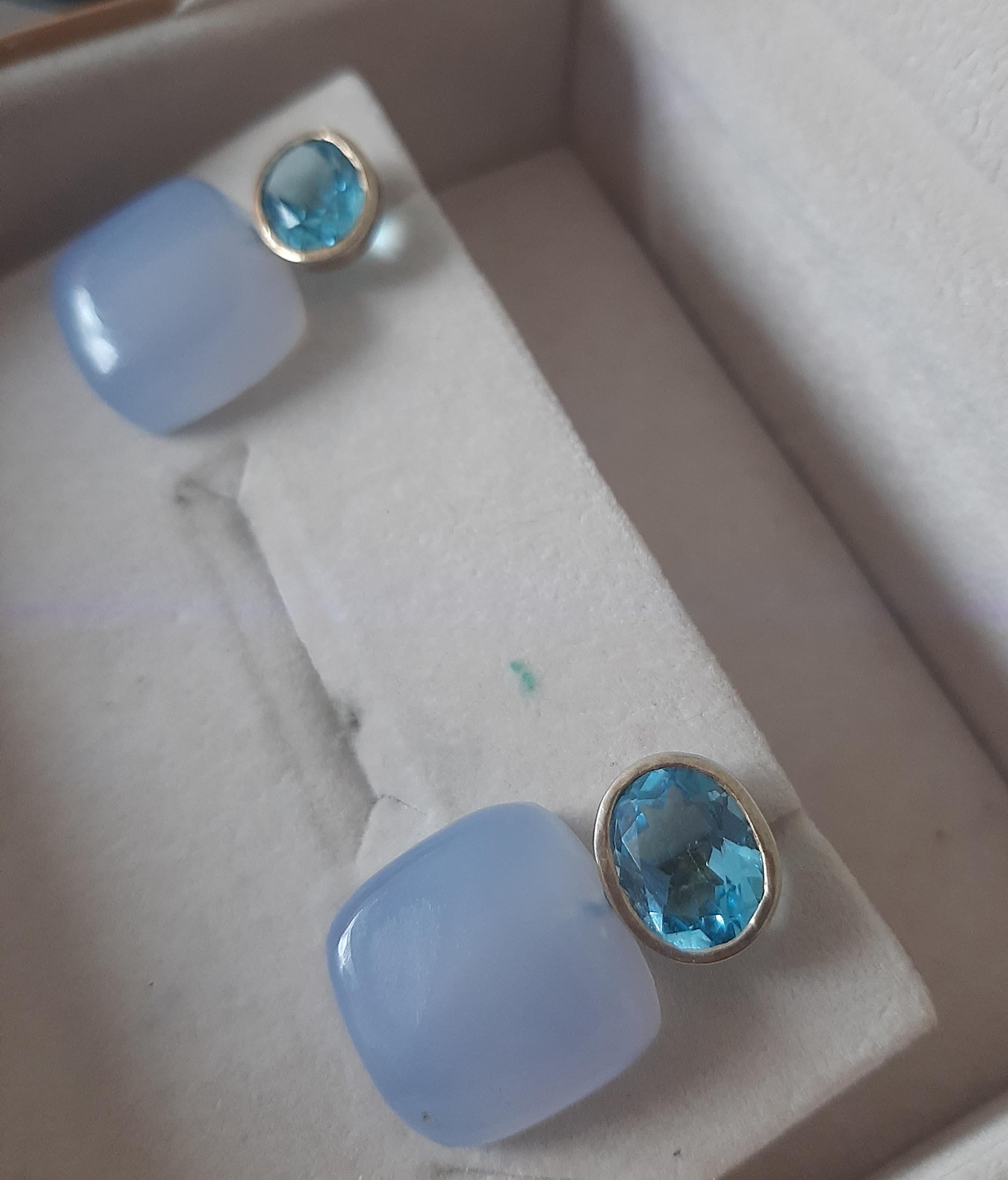 Blauer Topas Oval Facettiert 14k Solid Gold Chalcedon Kissen Form Ohrstecker im Zustand „Neu“ im Angebot in Bangkok, TH