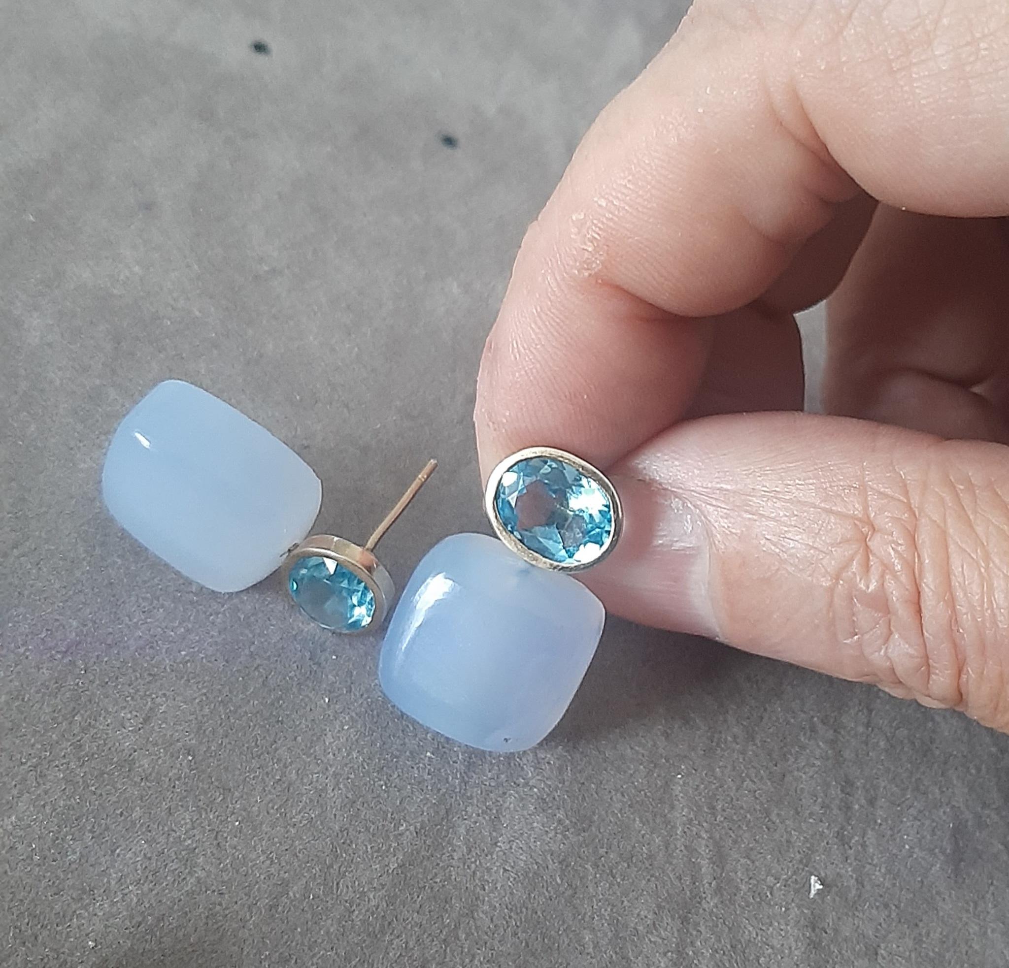 Blauer Topas Oval Facettiert 14k Solid Gold Chalcedon Kissen Form Ohrstecker im Angebot 1