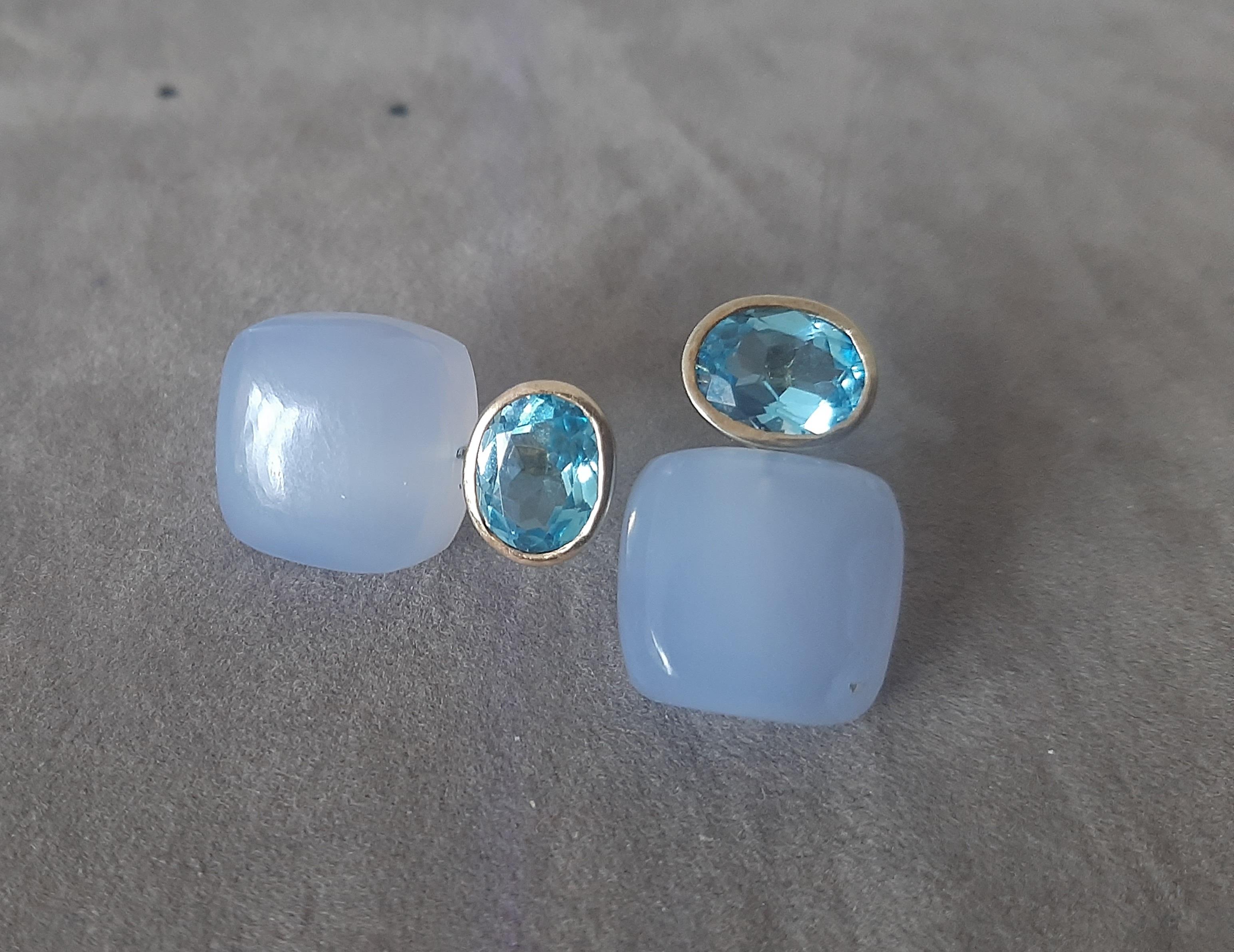 Blauer Topas Oval Facettiert 14k Solid Gold Chalcedon Kissen Form Ohrstecker im Angebot 2