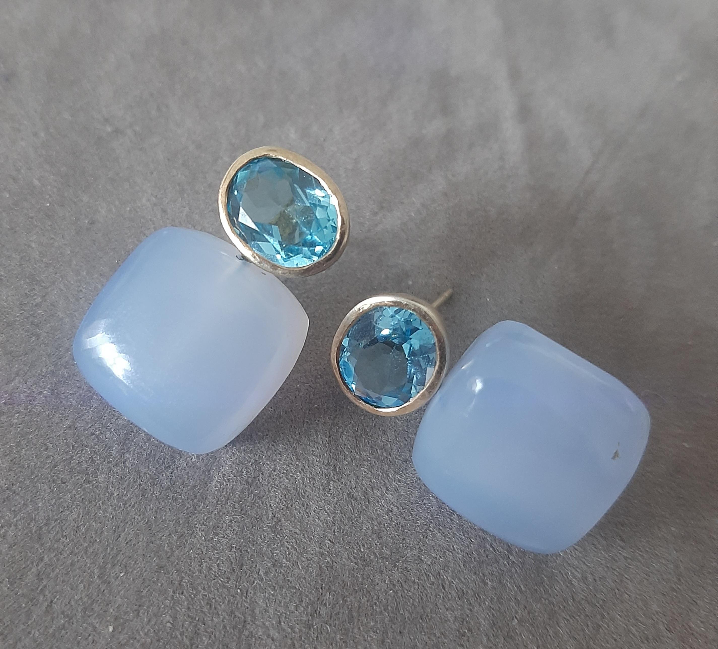 Blauer Topas Oval Facettiert 14k Solid Gold Chalcedon Kissen Form Ohrstecker im Angebot 3