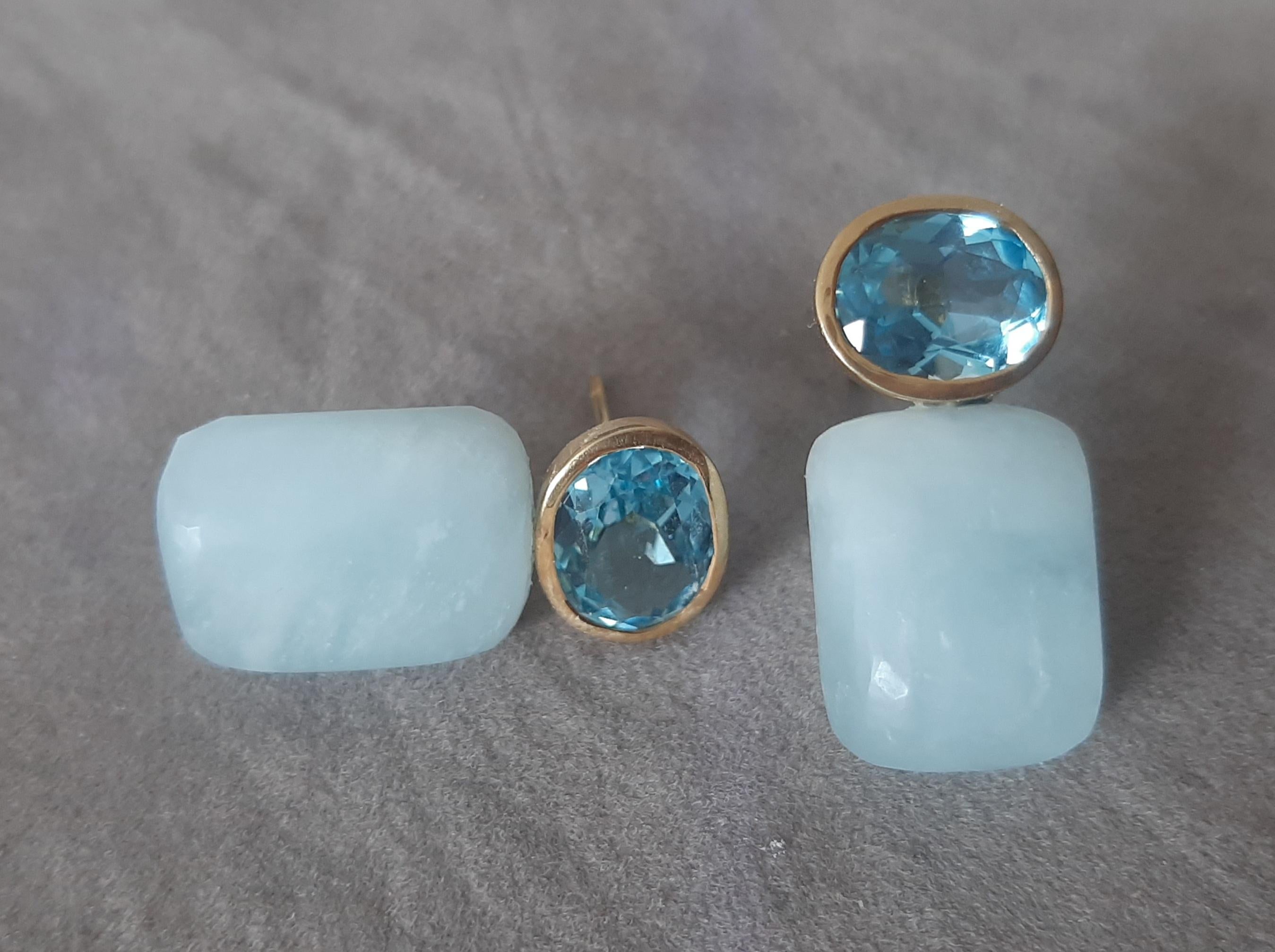 Blue Topaz Oval Shape Aquamarine Rectangular Cabs 14k Solid Gold Stud Earrings For Sale 4