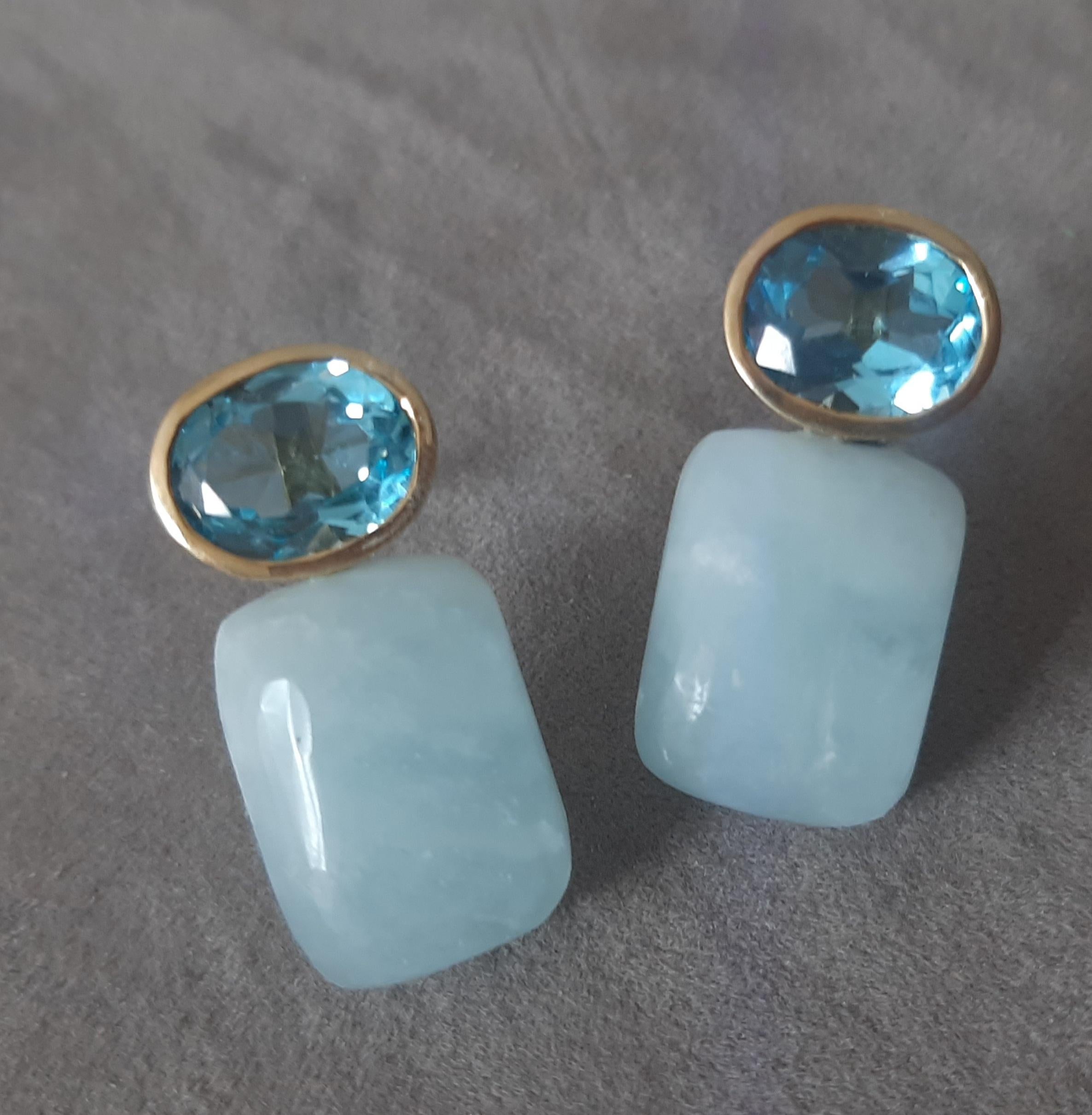 Blue Topaz Oval Shape Aquamarine Rectangular Cabs 14k Solid Gold Stud Earrings For Sale 5