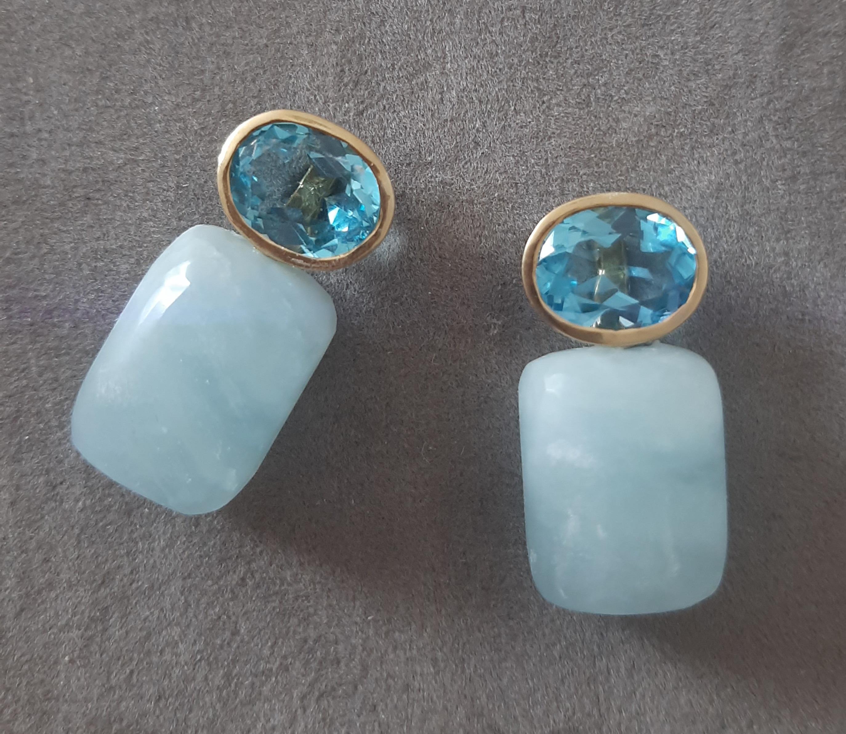 Blue Topaz Oval Shape Aquamarine Rectangular Cabs 14k Solid Gold Stud Earrings For Sale 6
