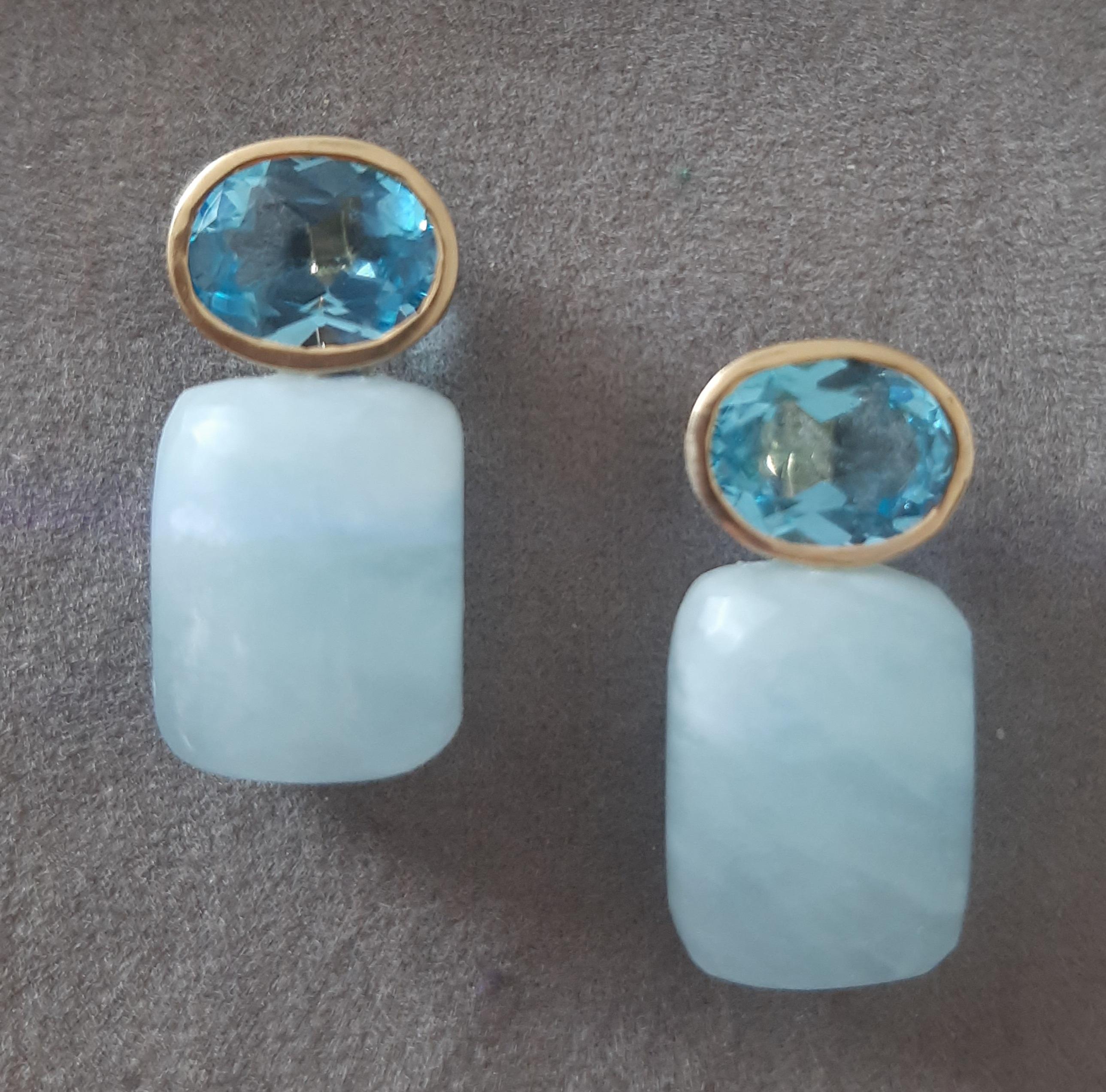Blue Topaz Oval Shape Aquamarine Rectangular Cabs 14k Solid Gold Stud Earrings For Sale 7