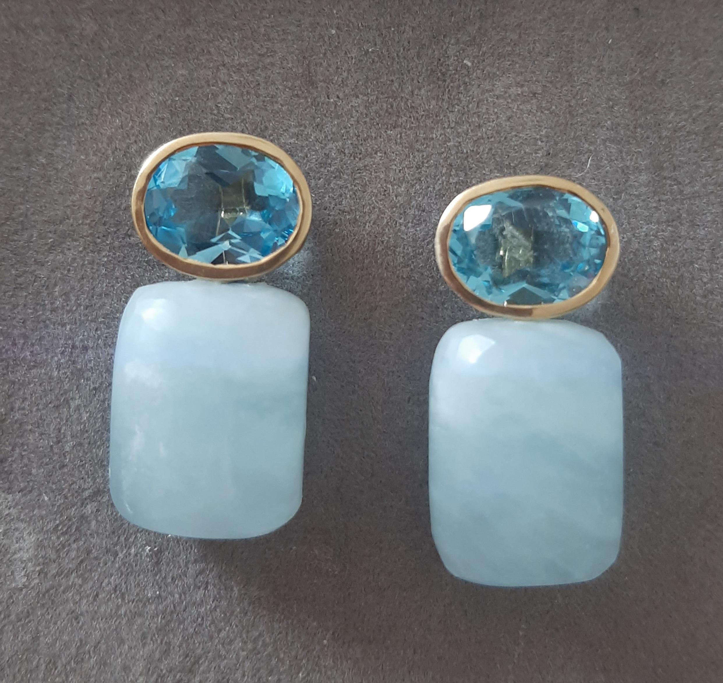 Blue Topaz Oval Shape Aquamarine Rectangular Cabs 14k Solid Gold Stud Earrings For Sale 8