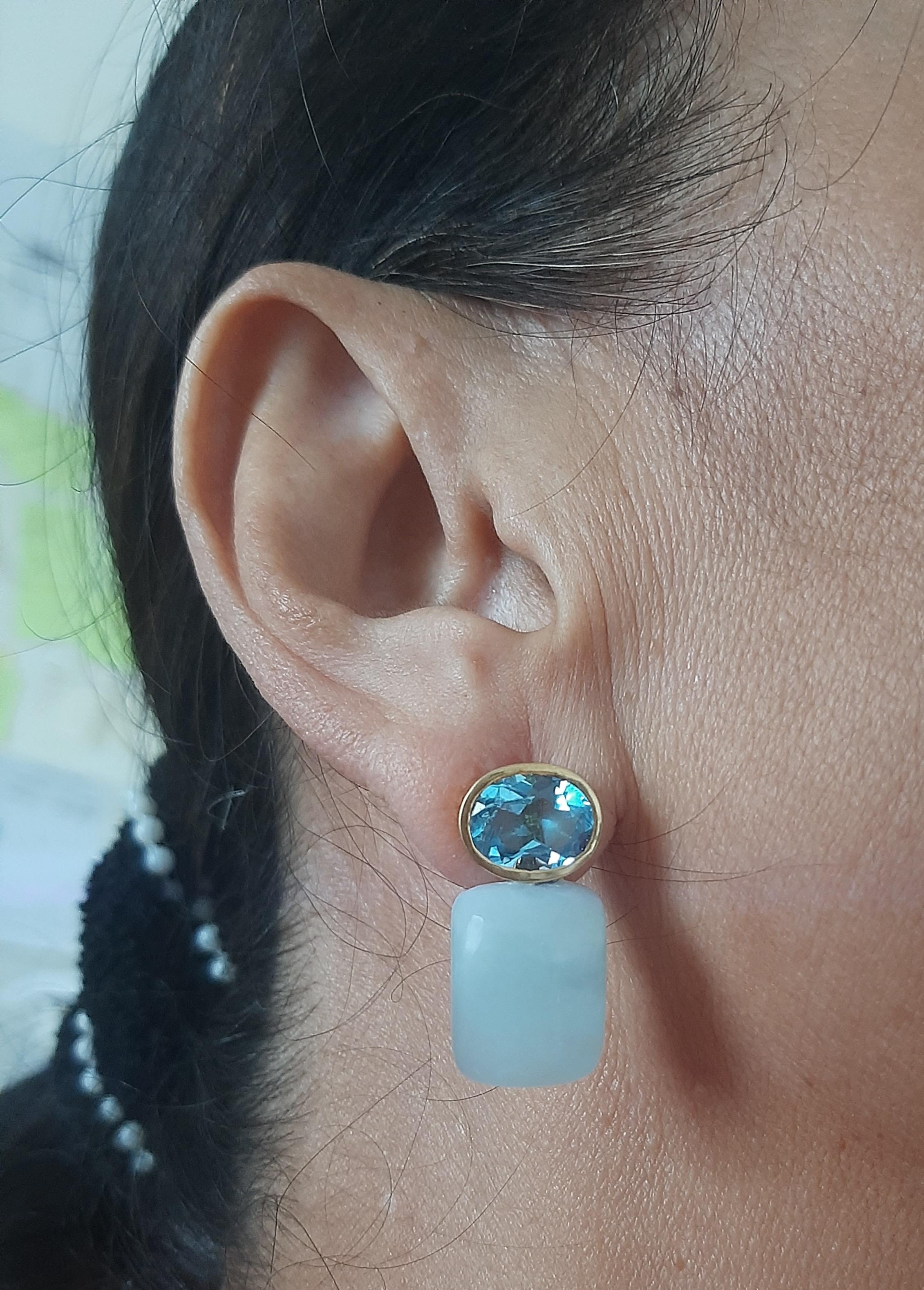 These simple but elegant and handmade earrings have 2  Faceted Blue Topaz measuring 8 x 10 mm set in a 14 Kt yellow gold bezel at the top to which are suspended 2 Aquamarine Rectangular Shape Cabs measuring 13 x 17 mm.

In 1978 our workshop started