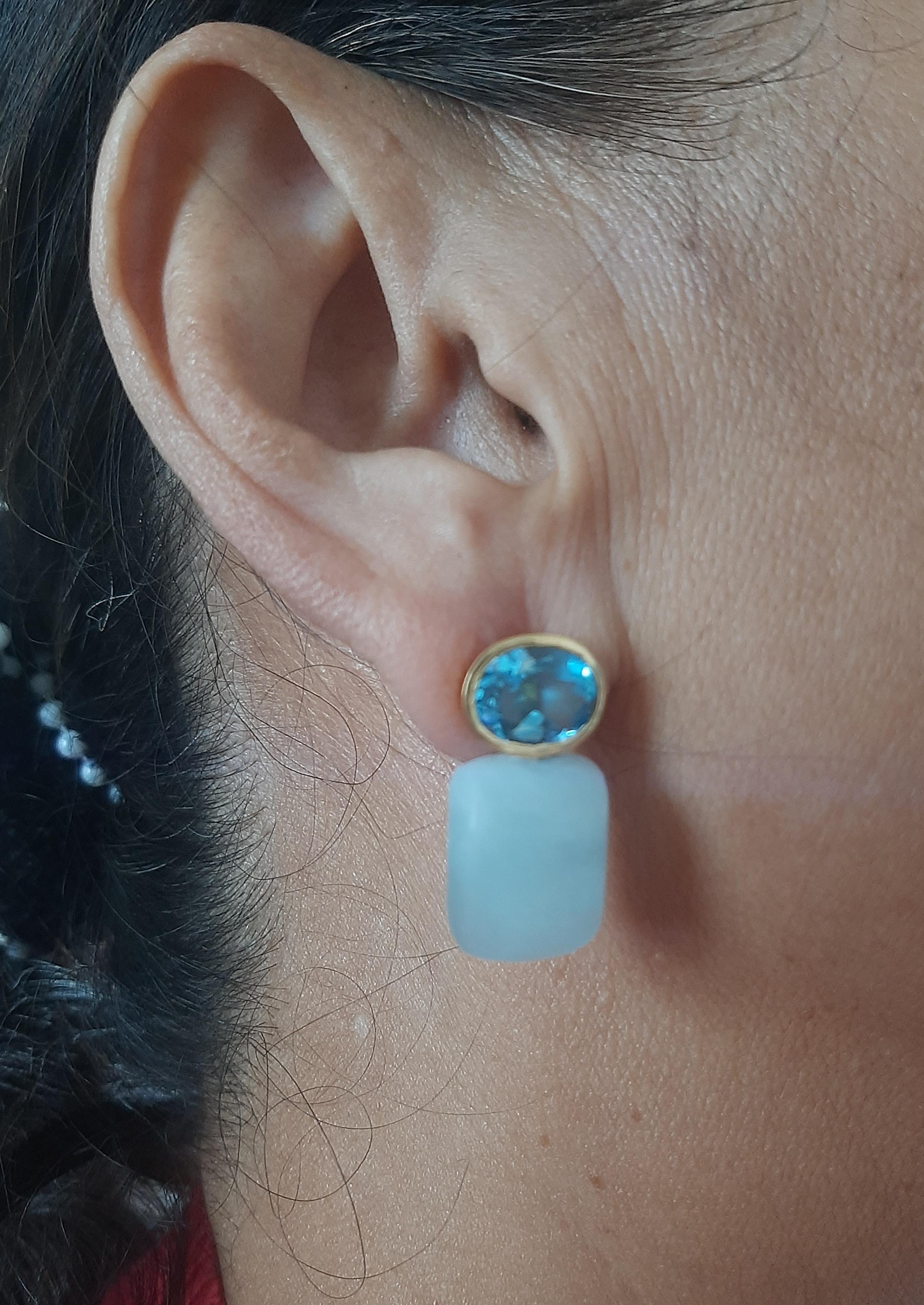 Artisan Blue Topaz Oval Shape Aquamarine Rectangular Cabs 14k Solid Gold Stud Earrings For Sale
