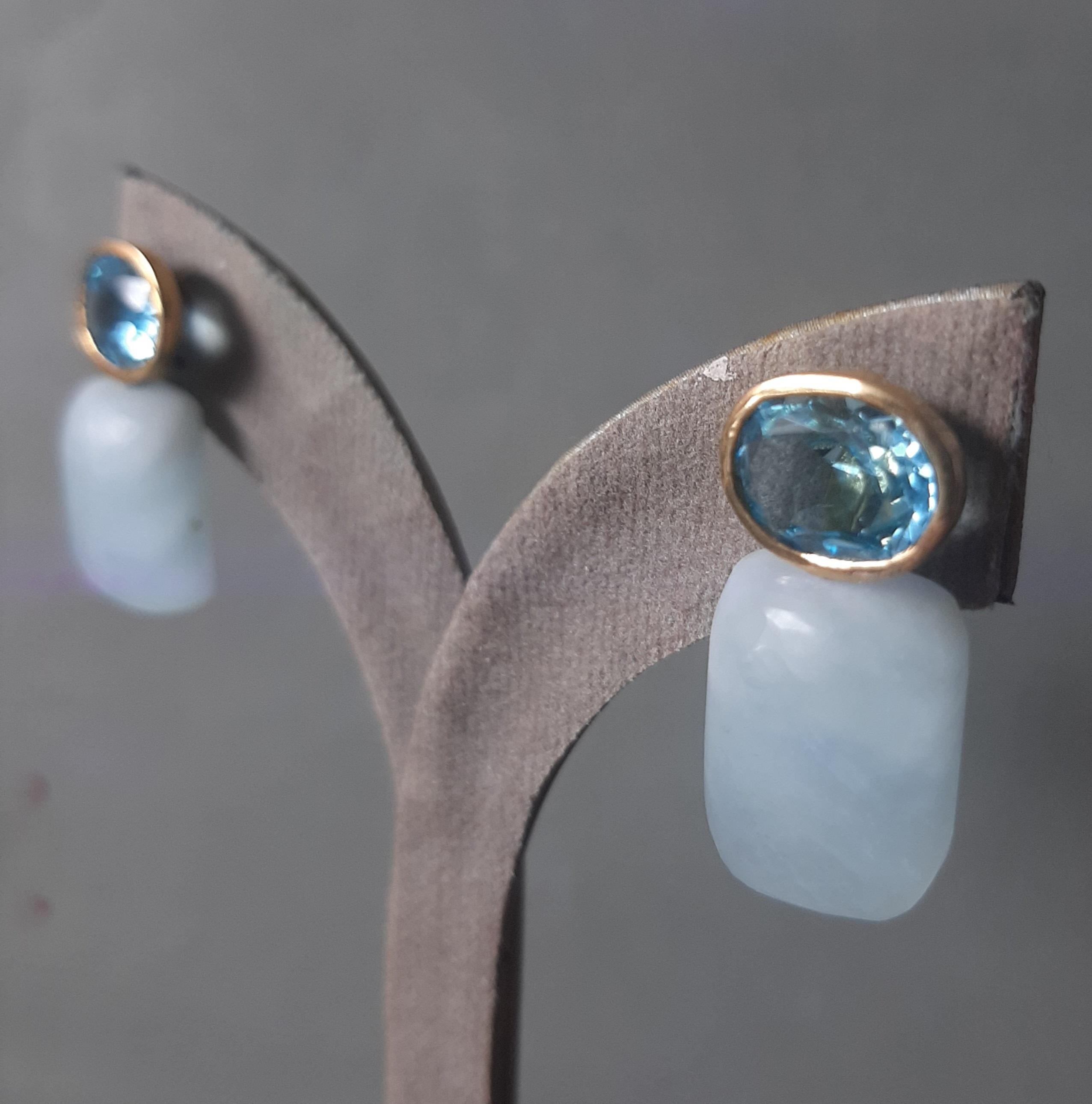 Mixed Cut Blue Topaz Oval Shape Aquamarine Rectangular Cabs 14k Solid Gold Stud Earrings For Sale