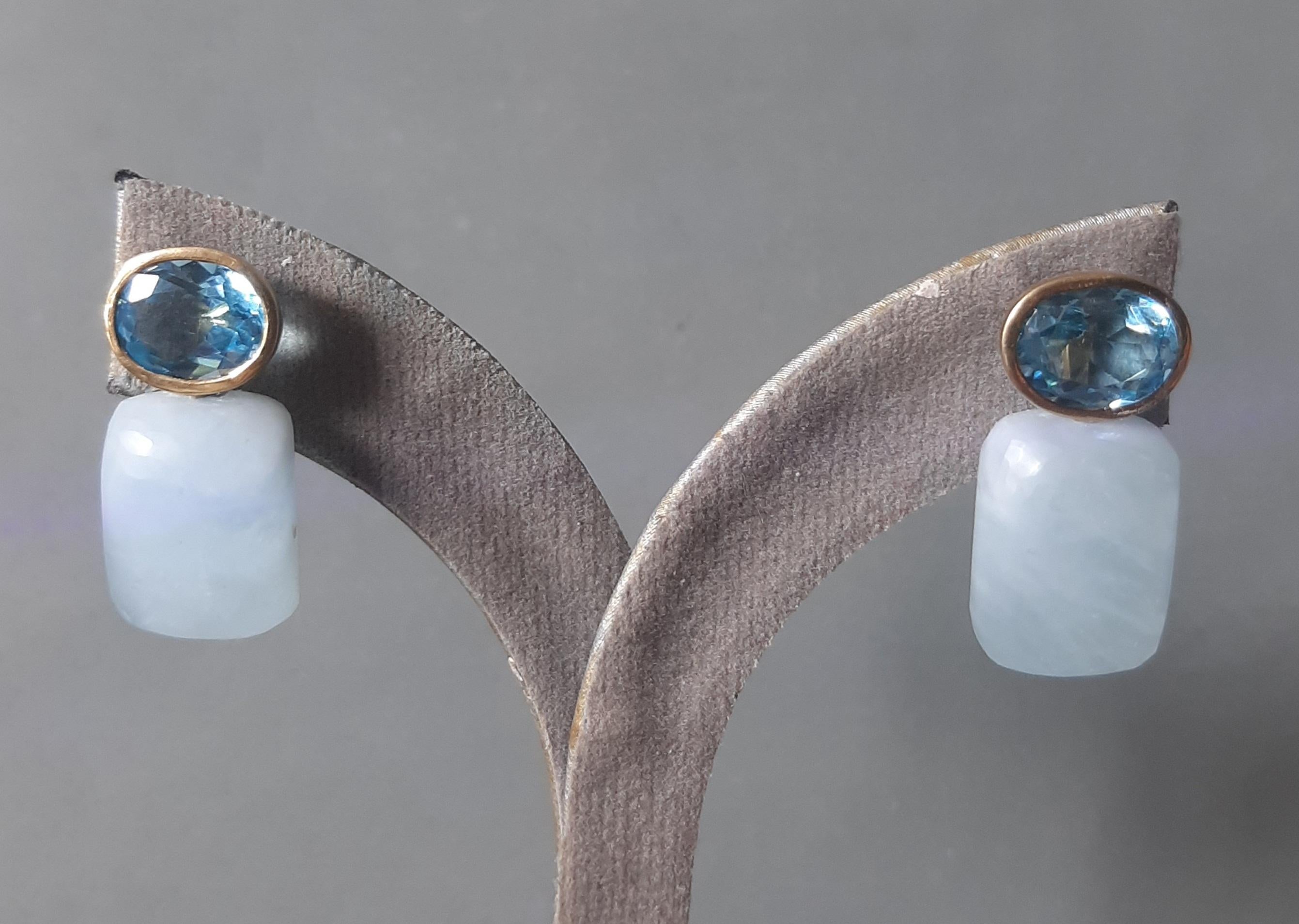 Blue Topaz Oval Shape Aquamarine Rectangular Cabs 14k Solid Gold Stud Earrings In New Condition For Sale In Bangkok, TH