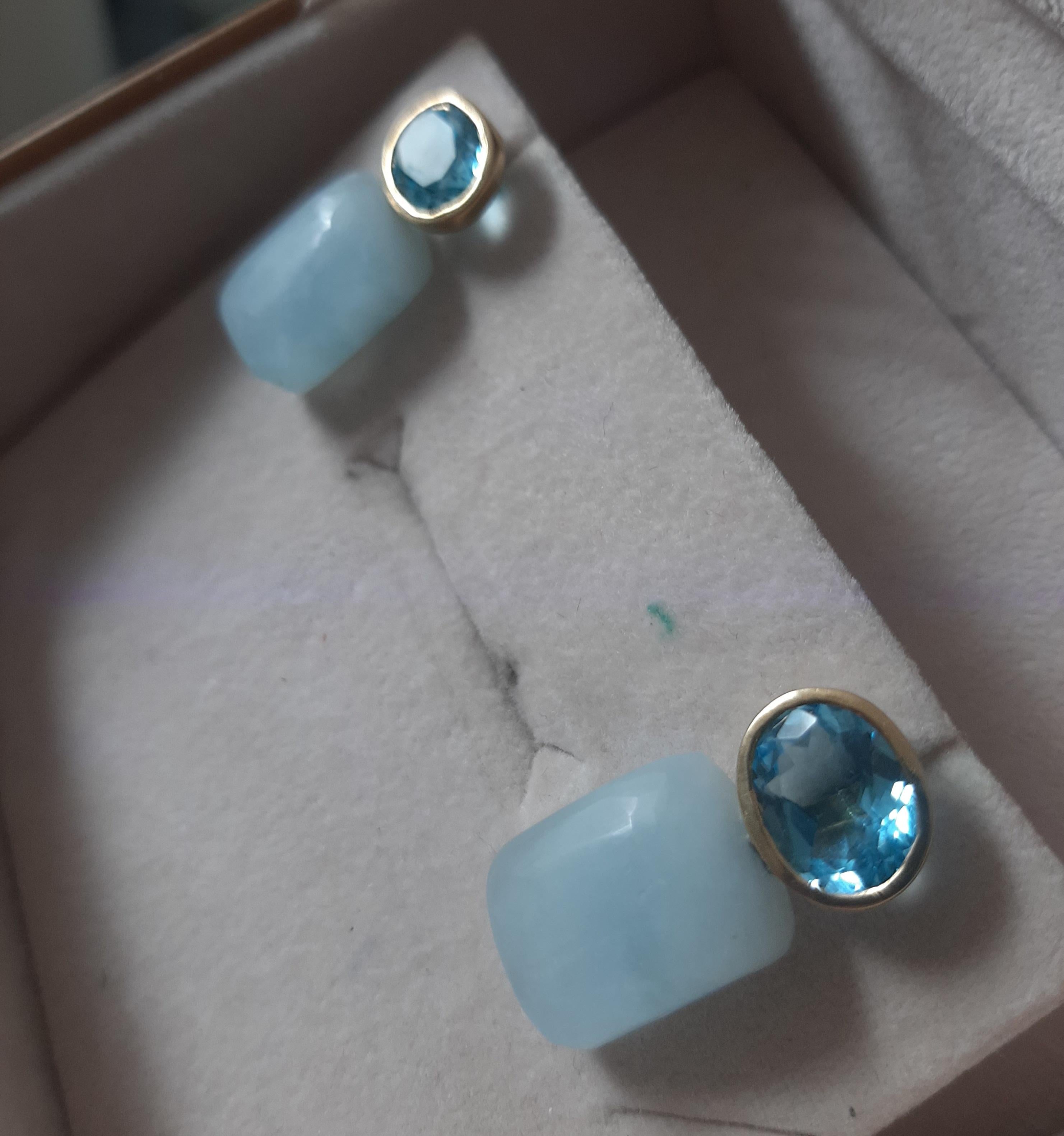 Women's Blue Topaz Oval Shape Aquamarine Rectangular Cabs 14k Solid Gold Stud Earrings For Sale