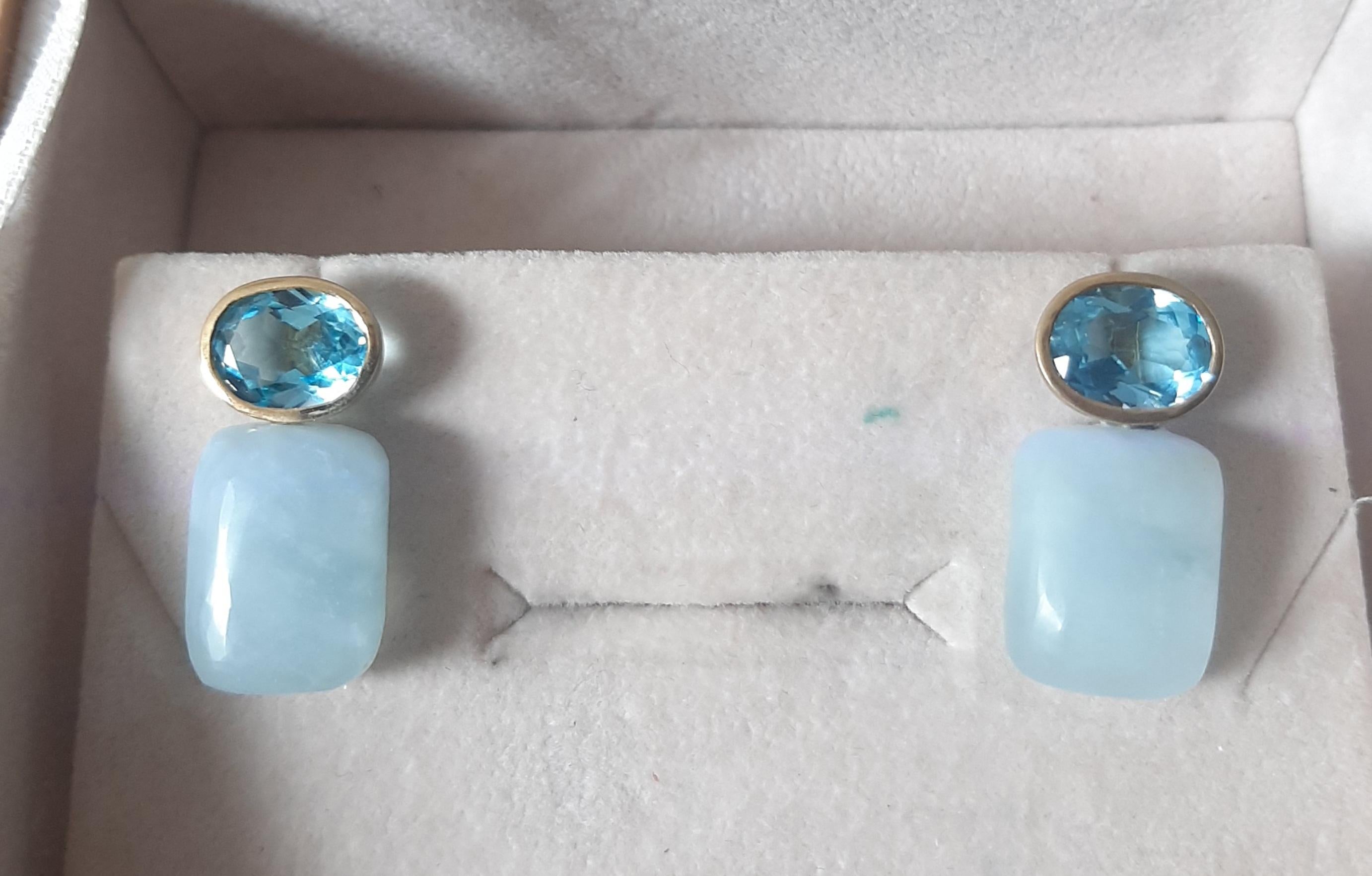 Blue Topaz Oval Shape Aquamarine Rectangular Cabs 14k Solid Gold Stud Earrings For Sale 1