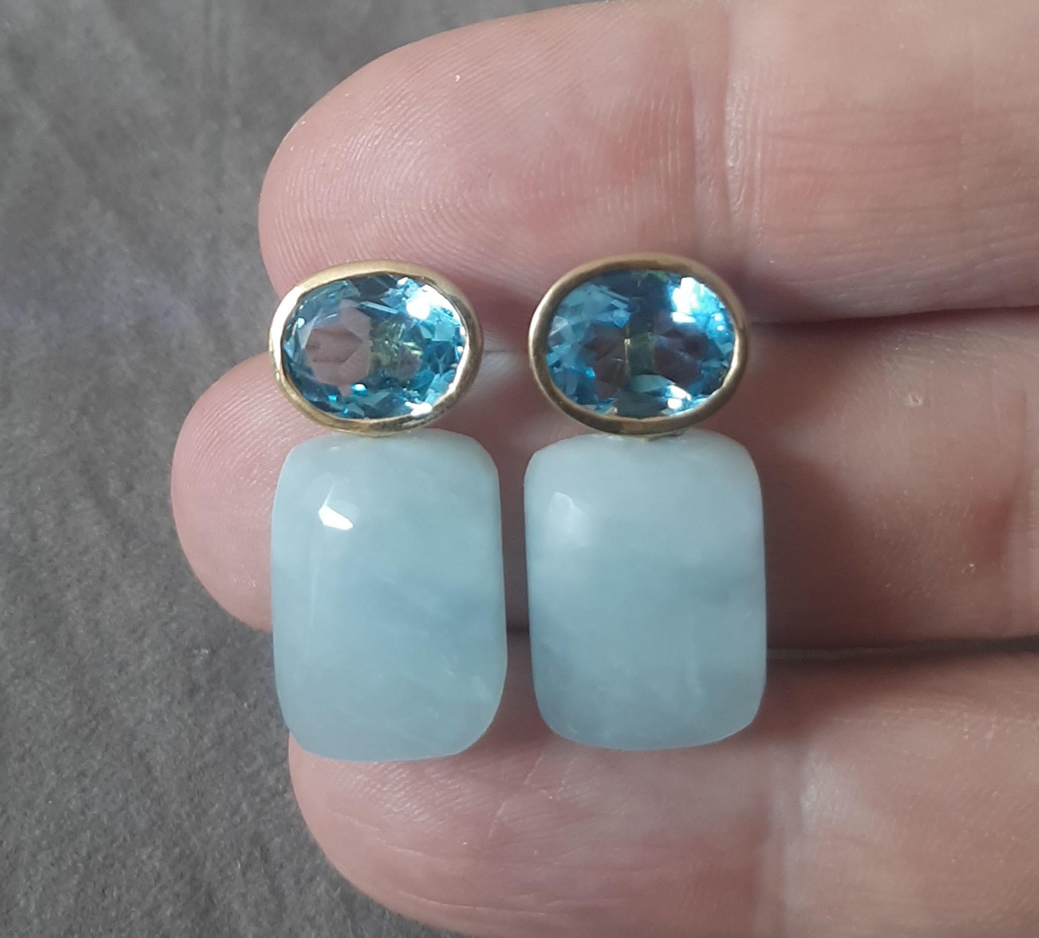 Blue Topaz Oval Shape Aquamarine Rectangular Cabs 14k Solid Gold Stud Earrings For Sale 2