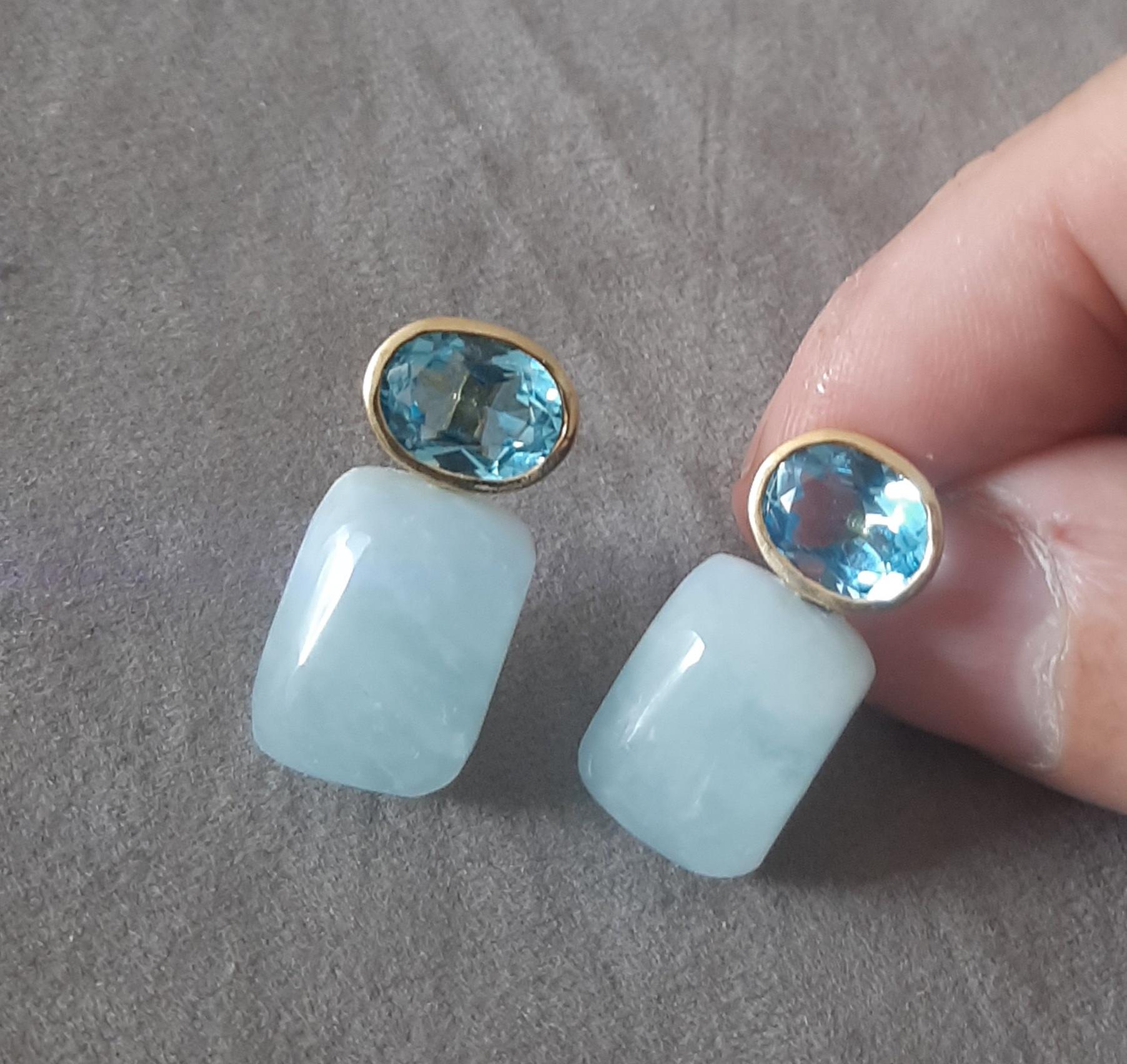 Blue Topaz Oval Shape Aquamarine Rectangular Cabs 14k Solid Gold Stud Earrings For Sale 3