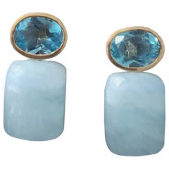 Blue Topaz Oval Shape Aquamarine Rectangular Cabs 14k Solid Gold Stud Earrings