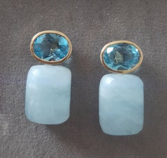 Blue Topaz Oval Shape Aquamarine Rectangular Cabs 14k Solid Gold Stud Earrings