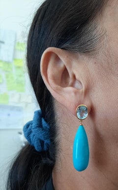 Blue Topaz  Oval  Shape Genuine Turquoise Round Drops 14k Solid Yellow Gold