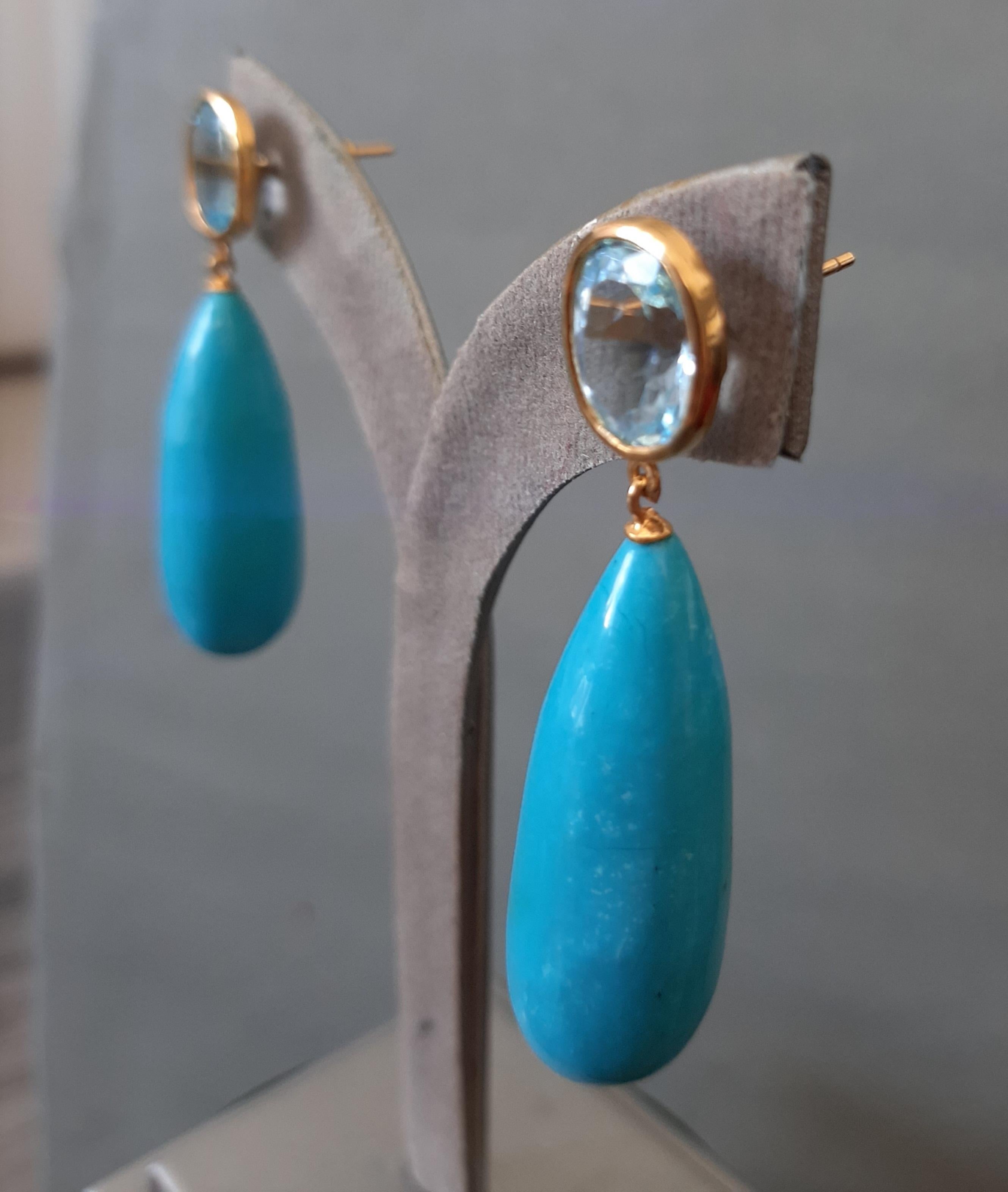 Artisan Topaze bleue  Ovale  Forme Turquoise Véritable Gouttes Rondes 14k Or Jaune Solide en vente